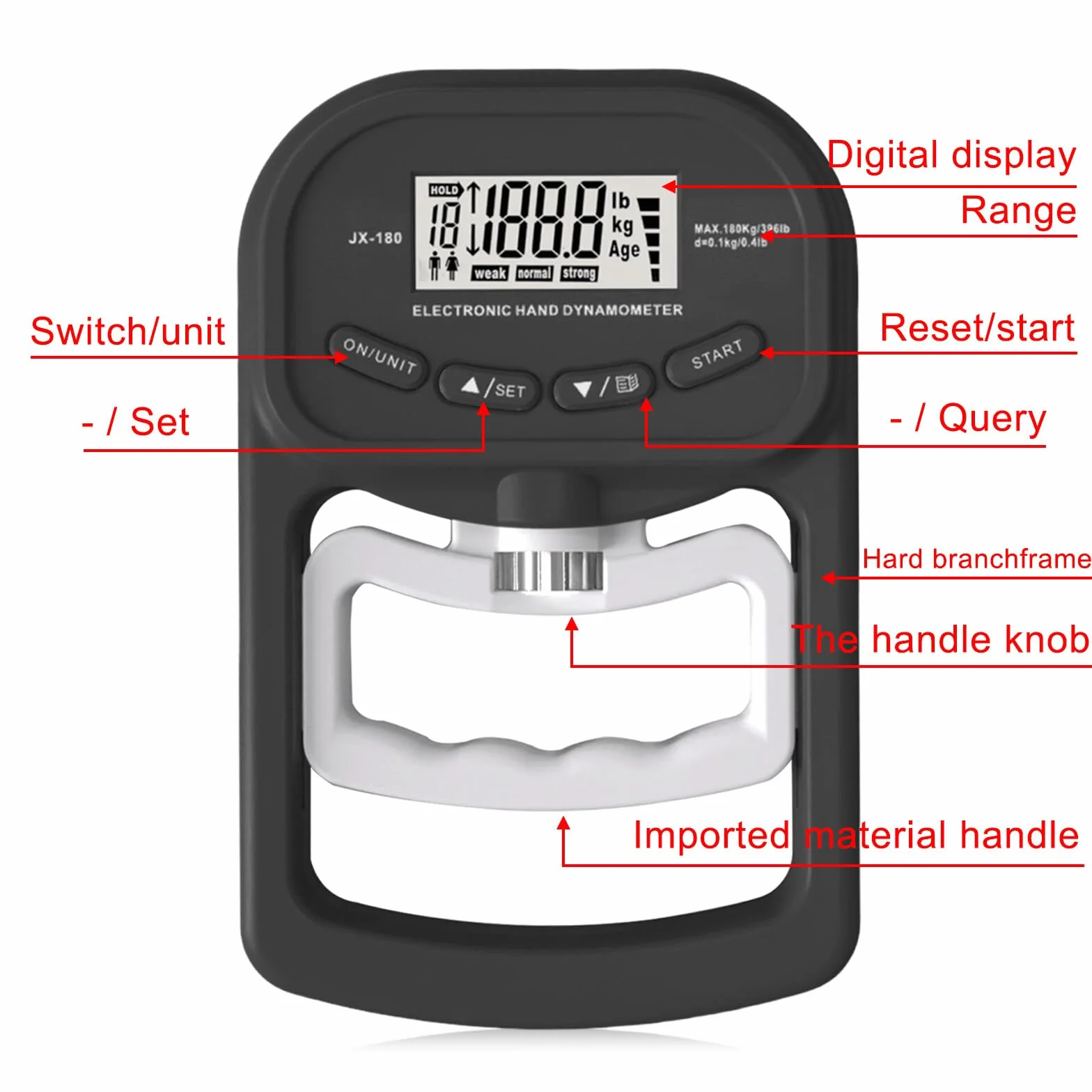 Cyfrowy miernik siły ręcznej: 180 kg, cyfrowy miernik siły chwytu z ekranem LED i kablem USB do ładowania, miernik siły uchwytu, cyfrowy dynamometr ręczny, inteligentny i empatyczny, czarny