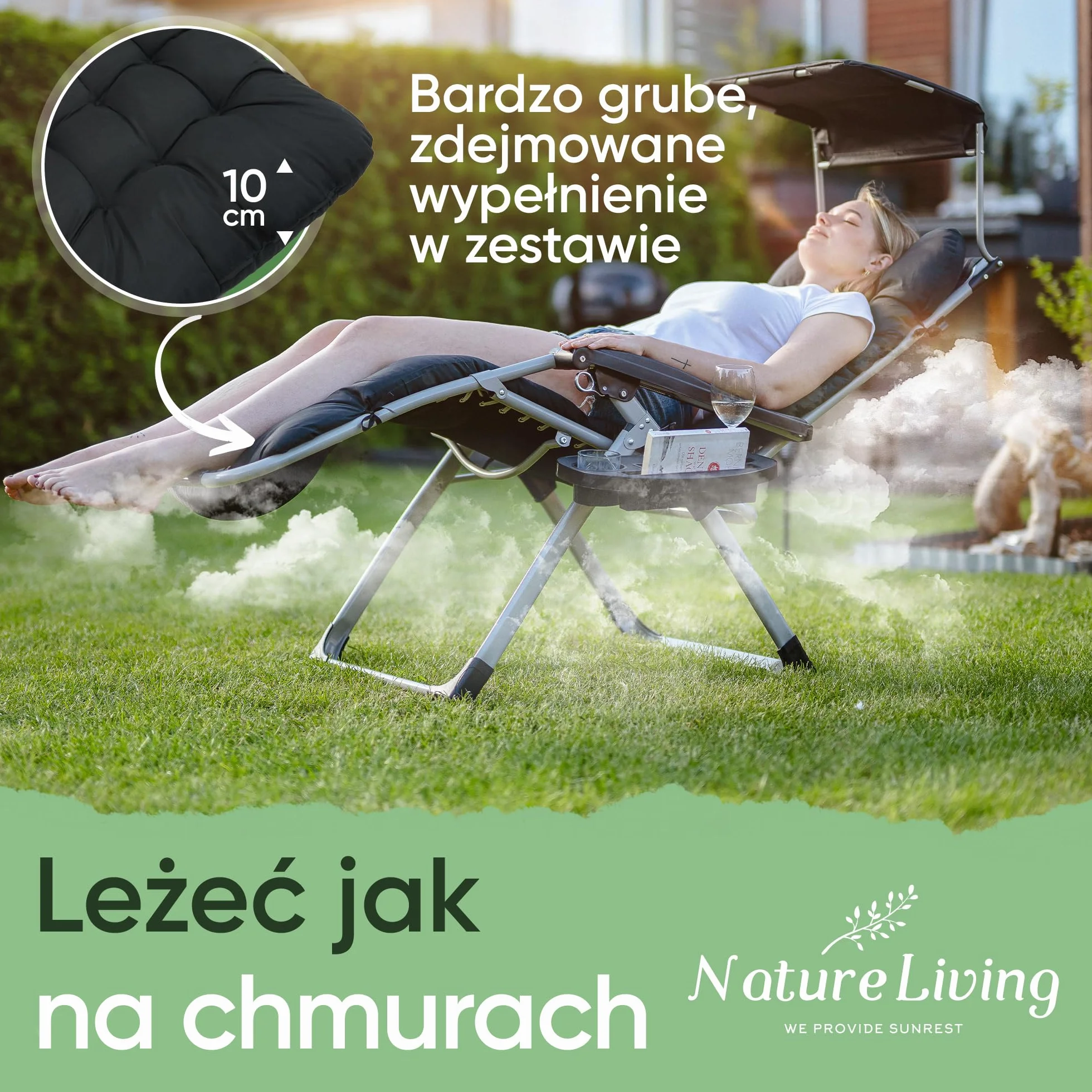 NatureLiving® Składany Leżak Ogrodowy – Solidny, Składany i Odporny na Warunki Atmosferyczne – Leżak z Daszkiem do Ogrodu i na Balkon, Leżak Outdoor Relax, Udźwig do 200 kg (czarny)