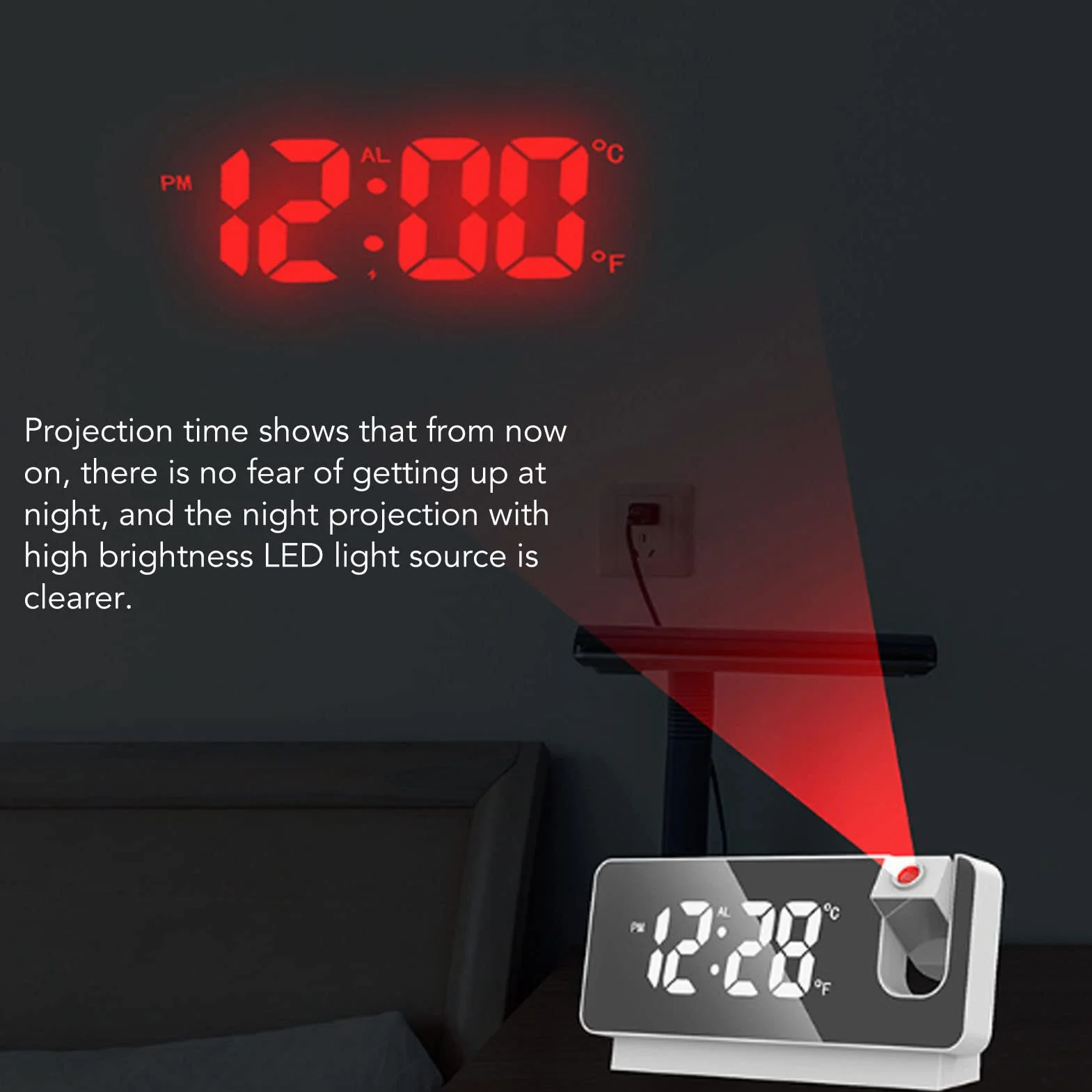 Budzik Projekcyjny, Budzik HD LED z projekcją na ścianie Sufitowej Cyfrowy Budzik z Obracanym o 180° Projektorem, funkcją Drzemki, temperaturą, Nocnym Zegarem dla Osób śpiących (Biały)
