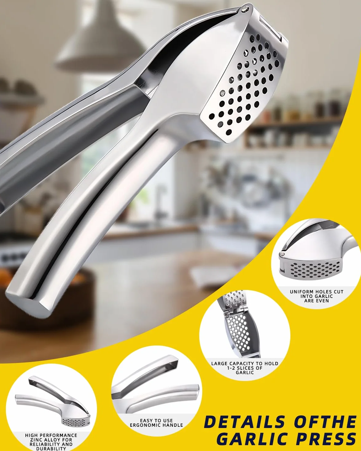 Prasa do czosnku, krajalnica do czosnku z obieraczką do czosnku i szczotką do czyszczenia, poręczna i łatwa do czyszczenia, rozdrabniacz do czosnku Kitchen Aid, stylowy stop cynku (srebrny)
