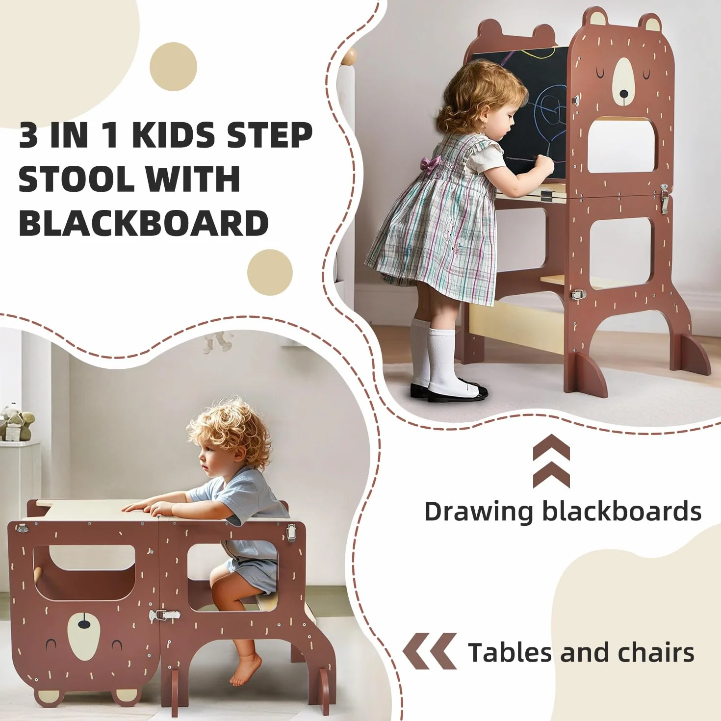 labebe Montessori Learning Tower, składana wieża edukacyjna dla dzieci, 2 w 1, z tablicami informacyjnymi, od 1 roku życia, brązowy niedźwiedź