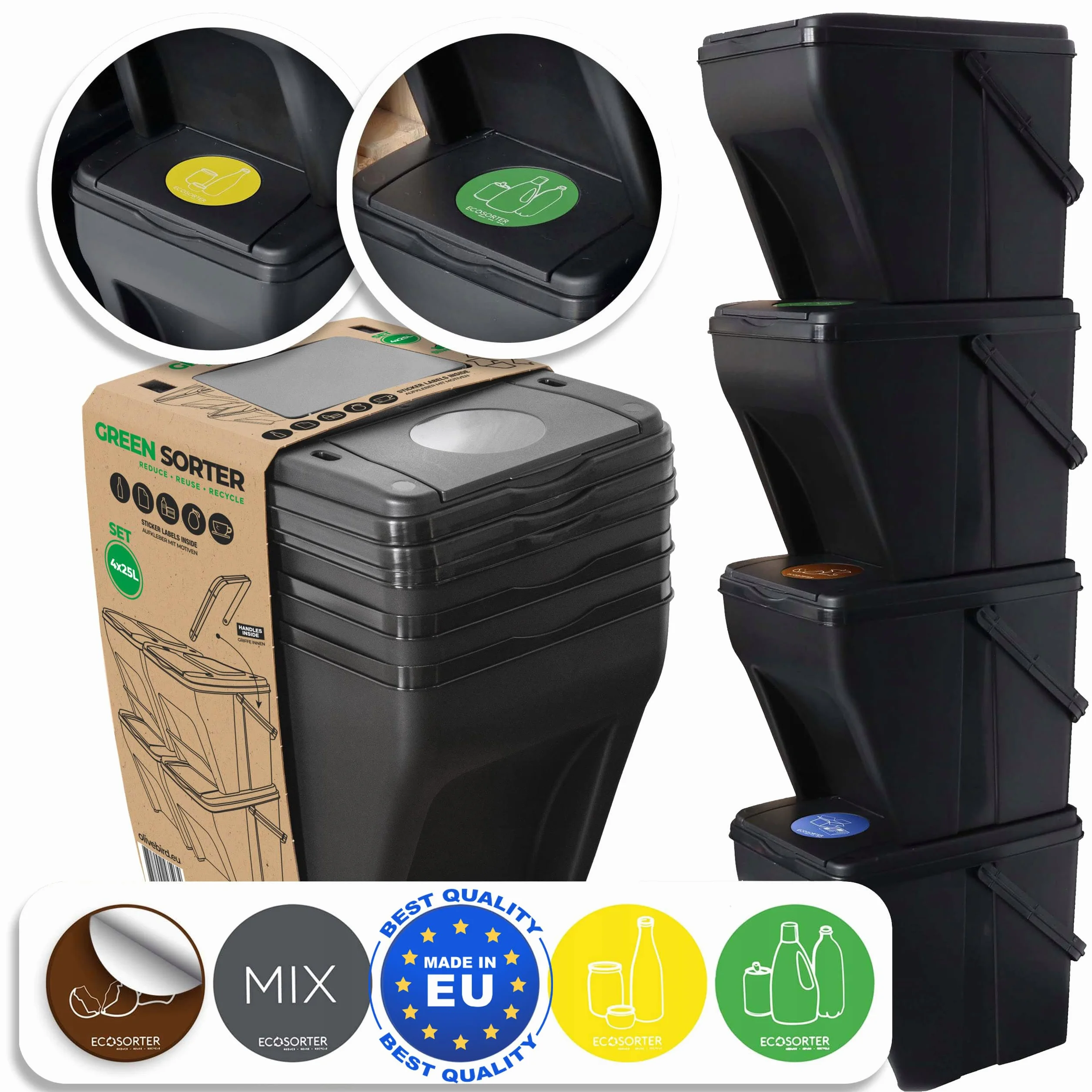 Rubbish Bin Waste Bin Separation system 100L - 4x25L bin Eco-Sorter Waste Sorter 4 Colours