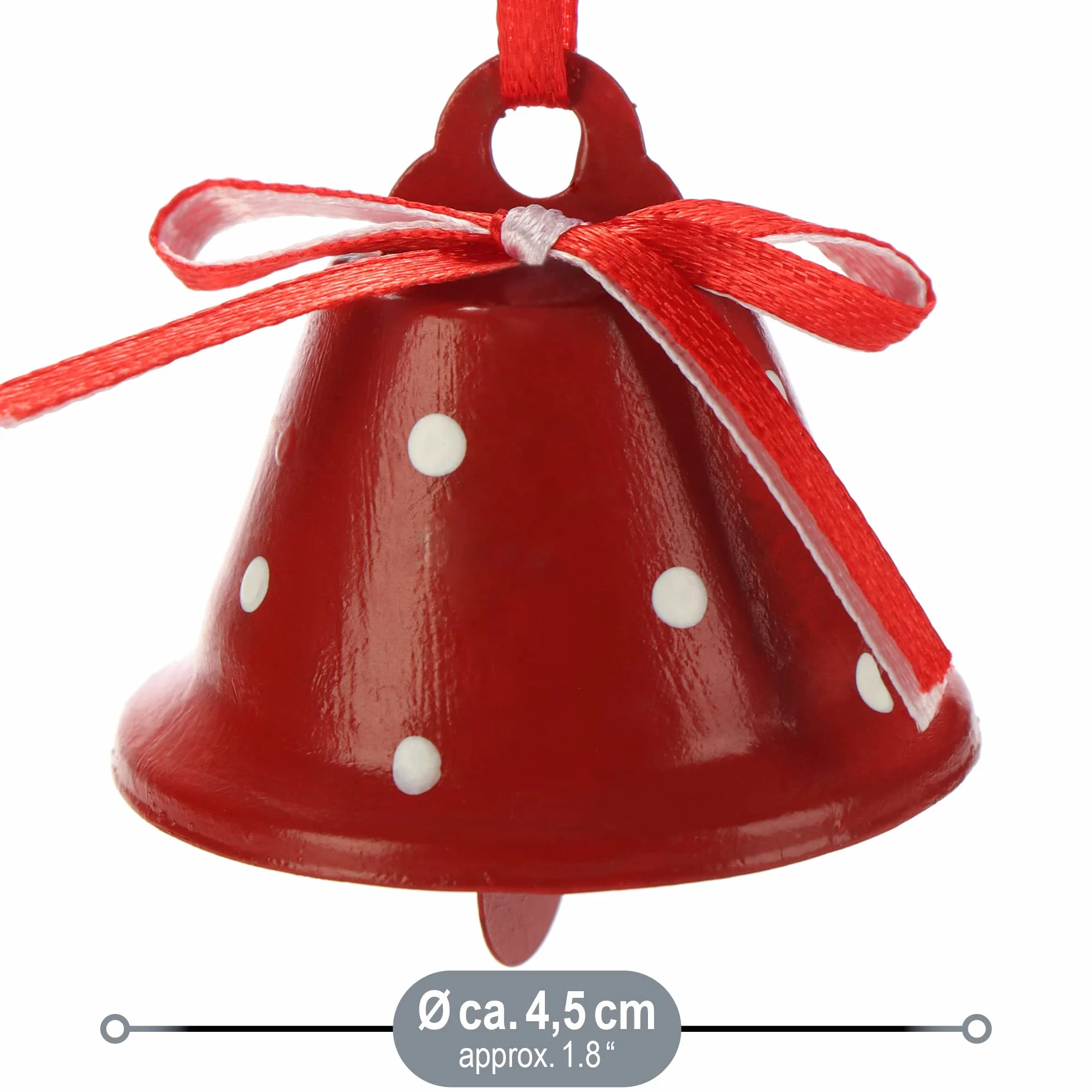 com-four® 6x ozdoby wiszace na Boze Narodzenie 4,5 cm Ø - dzwonki metalowe do zawieszenia - ozdobne dzwonki blaszane jako zawieszki do okien, drzwi i choinek (czerwony bialy zielony)