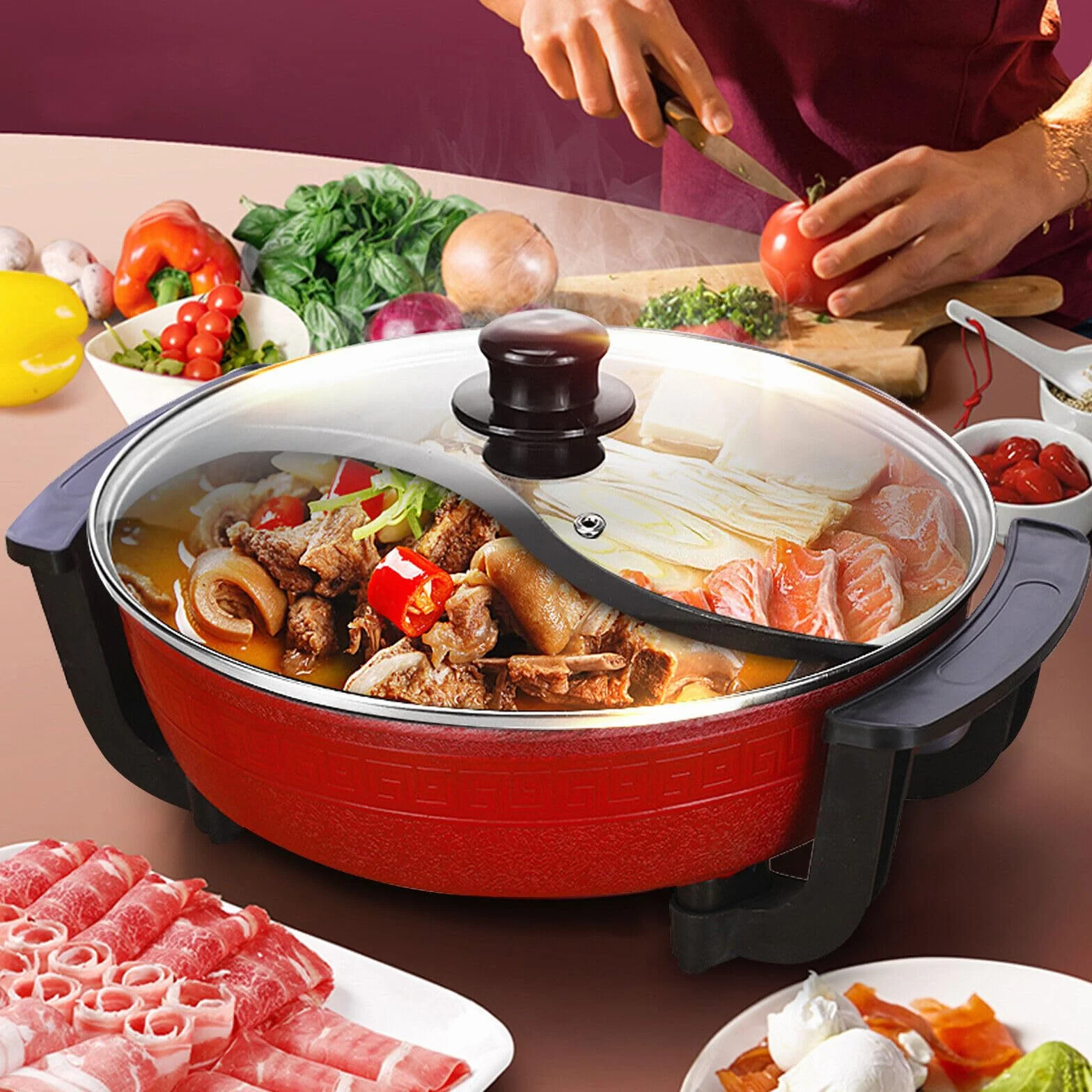 Elektryczny Garnek Hot Pot Twin 1300 W, 6 l, Yin Yang Hotpot, 2 Strony, Patelnia do Gotowania Stewpan, Płyta Kuchenna, Nieprzywierający