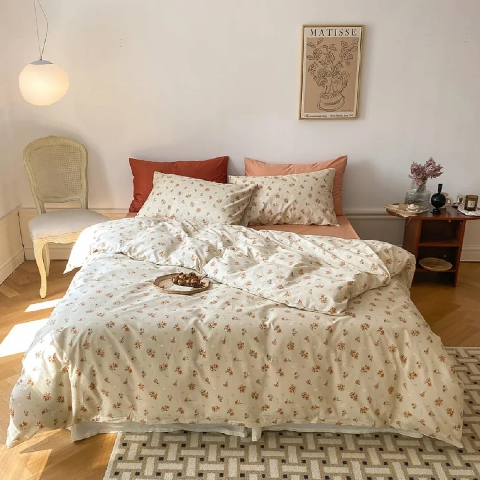 Lanqinglv Pościel 135 x 200 cm, bawełna, kwiaty, Aesthetic Rośliny, Renforce, Öko-Tex, pościel bawełniana, pomarańczowe liście, dziewczyny, poszewka na kołdrę z zamkiem błyskawicznym i 1 poszewka na