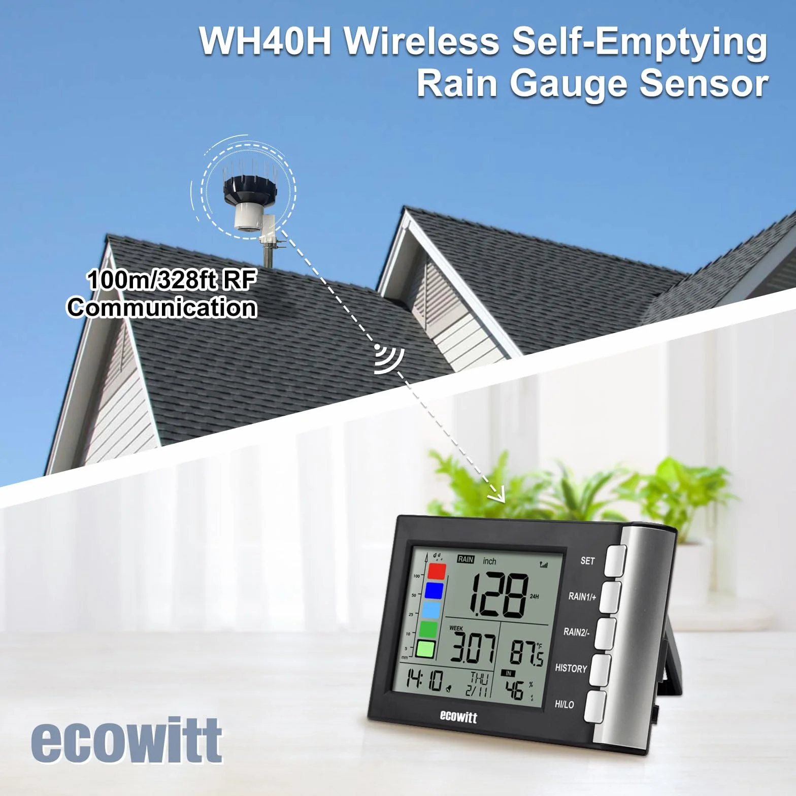 ECOWITT WH5370H bezprzewodowy cyfrowy deszczomierz (z termometrem), wysoce precyzyjny, samoopróżniający się zbiornik na deszcz o ulepszonej konstrukcji lejka 3,5 cm do monitorowania deszczu w czasie