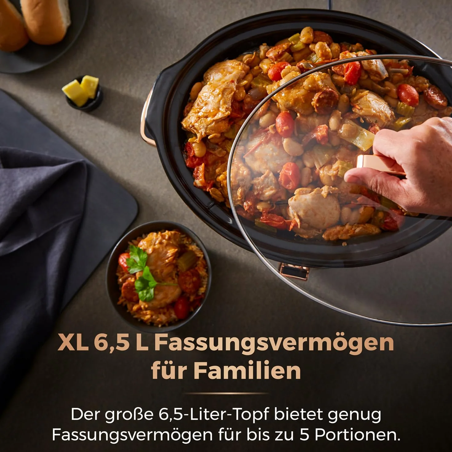 Tower T16019RG Slow Cooker Infinity z 3 ustawieniami gotowania i funkcją utrzymywania ciepła, urządzeń kuchennych, 6,5 l, 270 W, czarno-różowe złoto