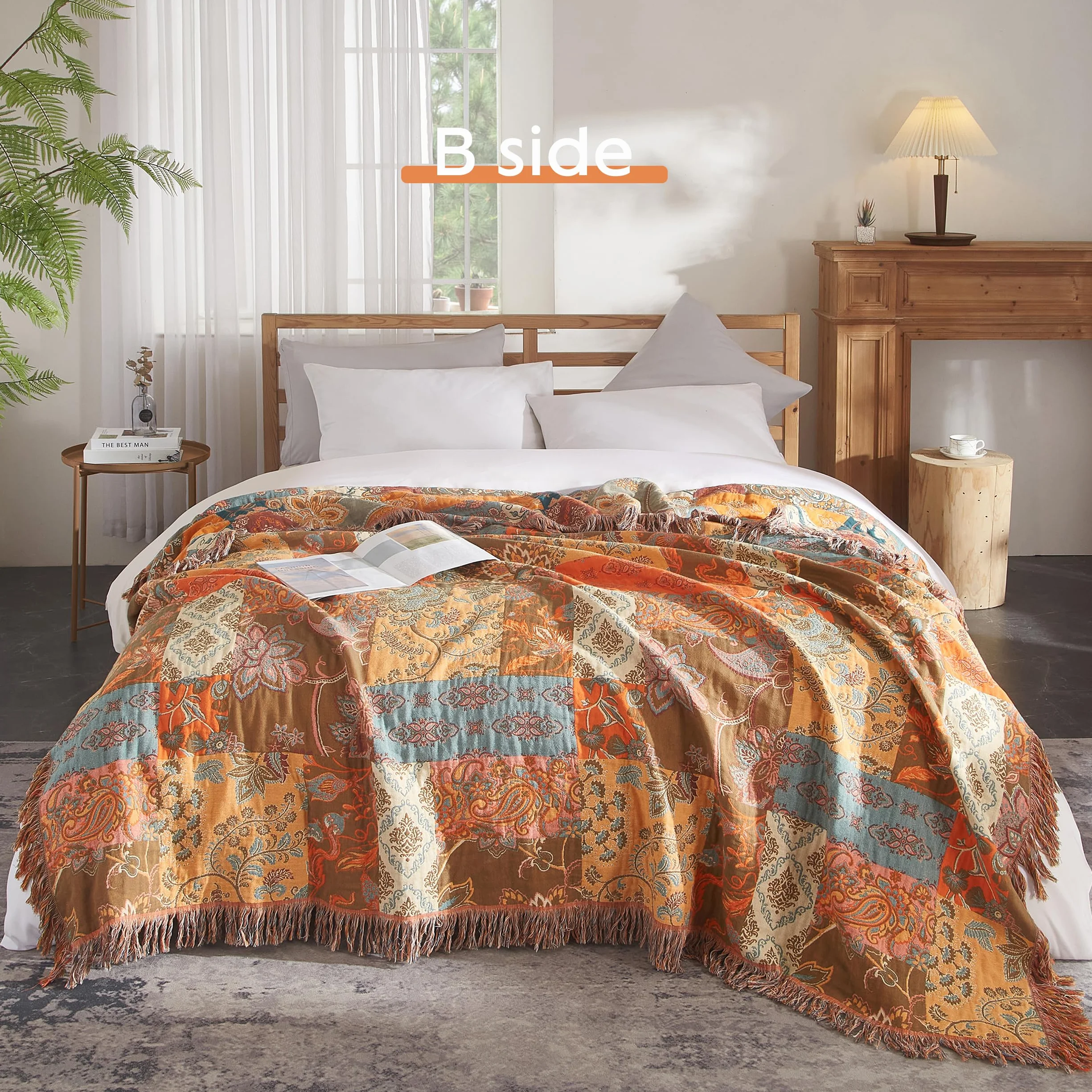 SESoftexly Bohemian koc 100% bawełna, duża dwustronna narzuta muślinowa, 200 x 230 cm, narzuta na sofę i łóżko, estetyczny design, idealny do salonu i sypialni, pomarańczowy/zielony