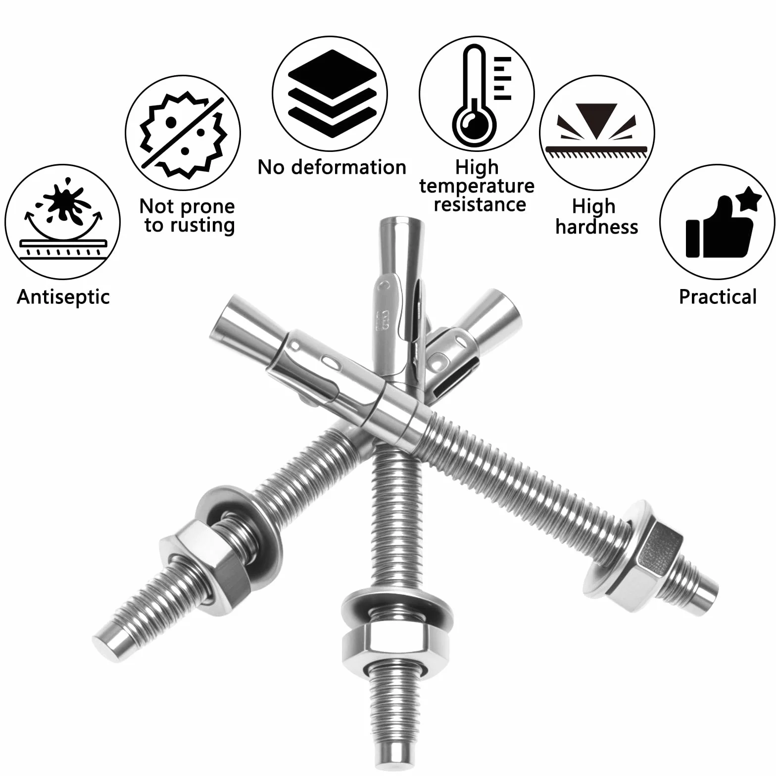 Kotwa śrubowa o dużej wytrzymałości M8 x 80 mm, stal nierdzewna M8, zbiornik do dużych obciążeń, stal nierdzewna A2 V2A, z podkładkami i nakrętkami, do maszyn, poręczy, 10 sztuk
