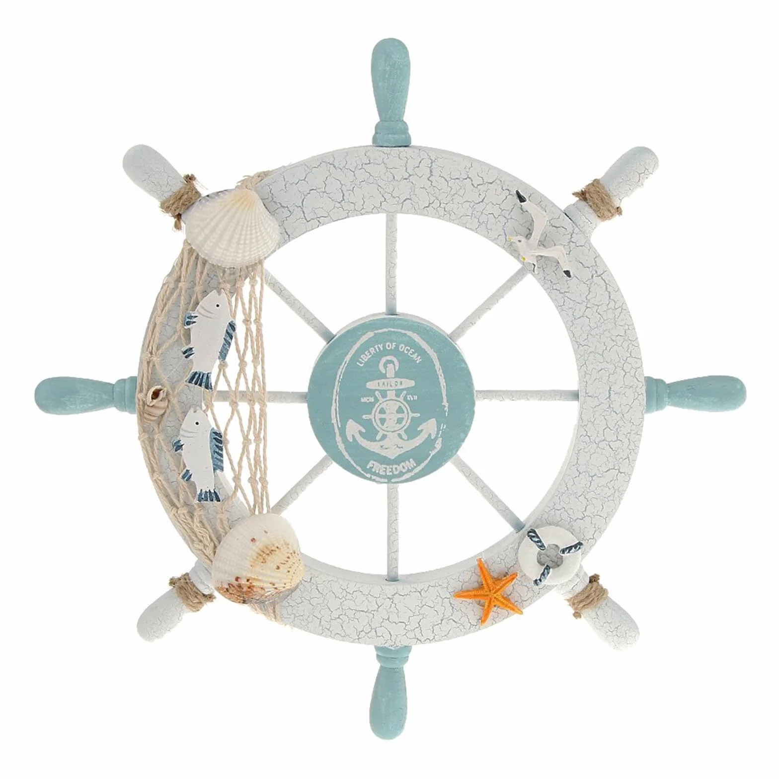 Rienar Nautical Beach Wooden Boat Ship Steering Wheel Fishing Net Shell Fish Home Wall Décor(11" Diameter)