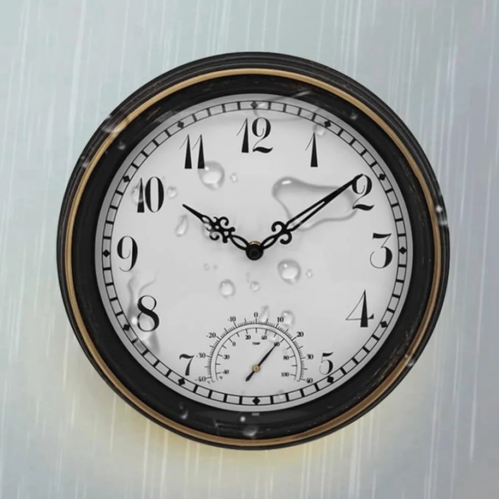 Zewnętrzny wodoodporny zegar ścienny z termometrem IP44 vintage okrągły zegar dekoracyjny ogrodowy 30 cm zegar zewnętrzny