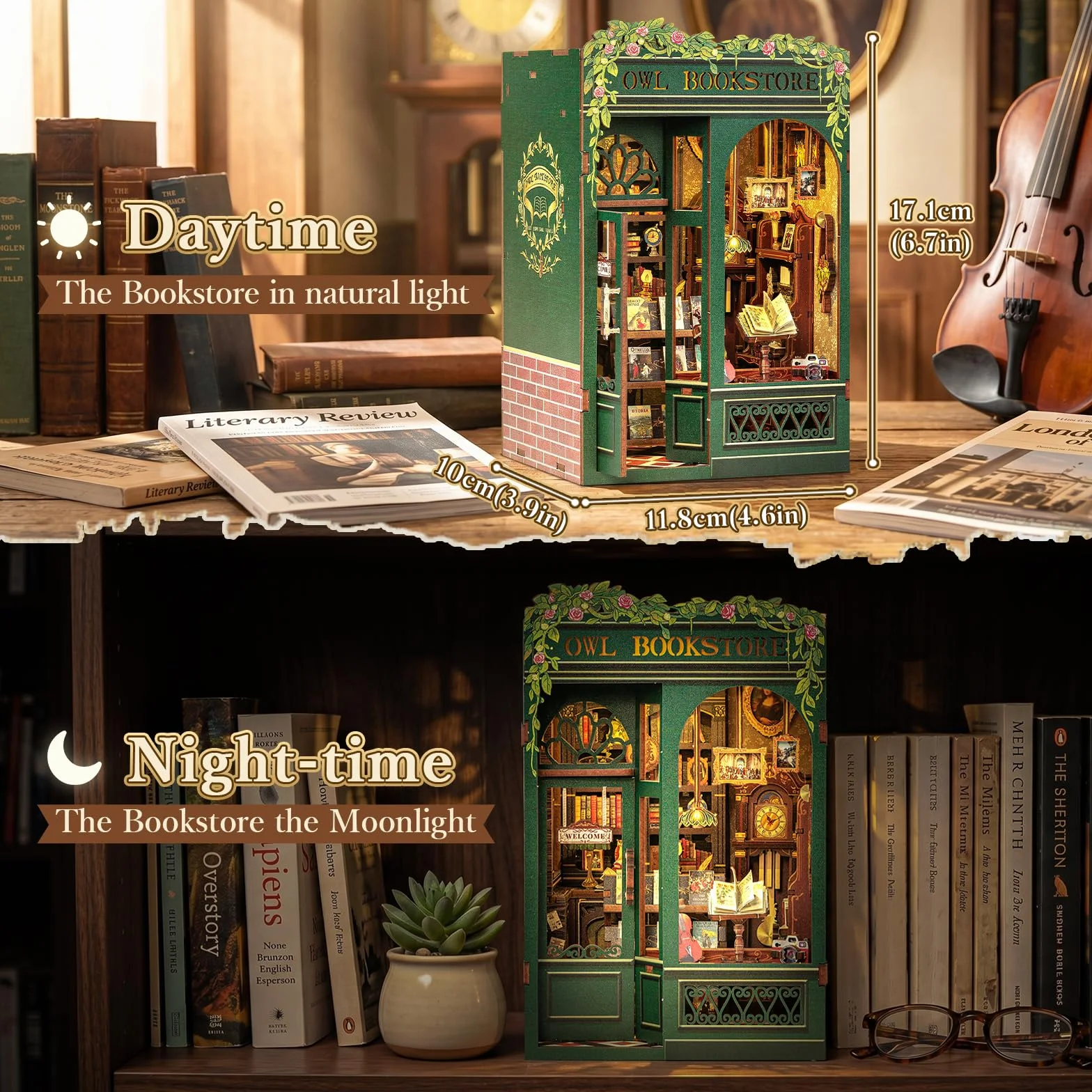Fsolis Book Nook DIY, domki dla lalek zestaw książek, dekoracja regału na książki, zestawy modelarskie dla dorosłych do budowania, Bardzo popularny kreatywny prezent (Owl Bookstore)