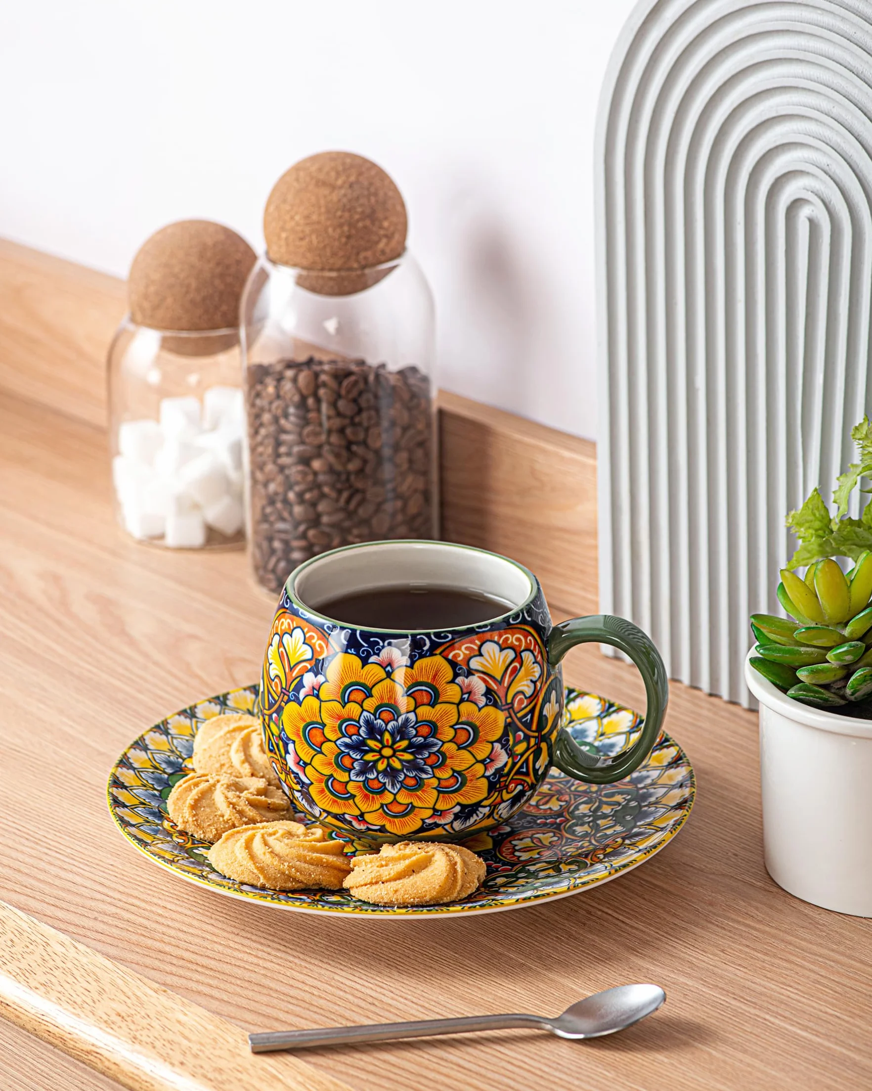 Zestaw kubków porcelanowych, ceramiczne filiżanki do cappuccino/kubki - 600ml, zastawa stołowa do 6 osób, zestaw filiżanek kawowych - styl bohemski