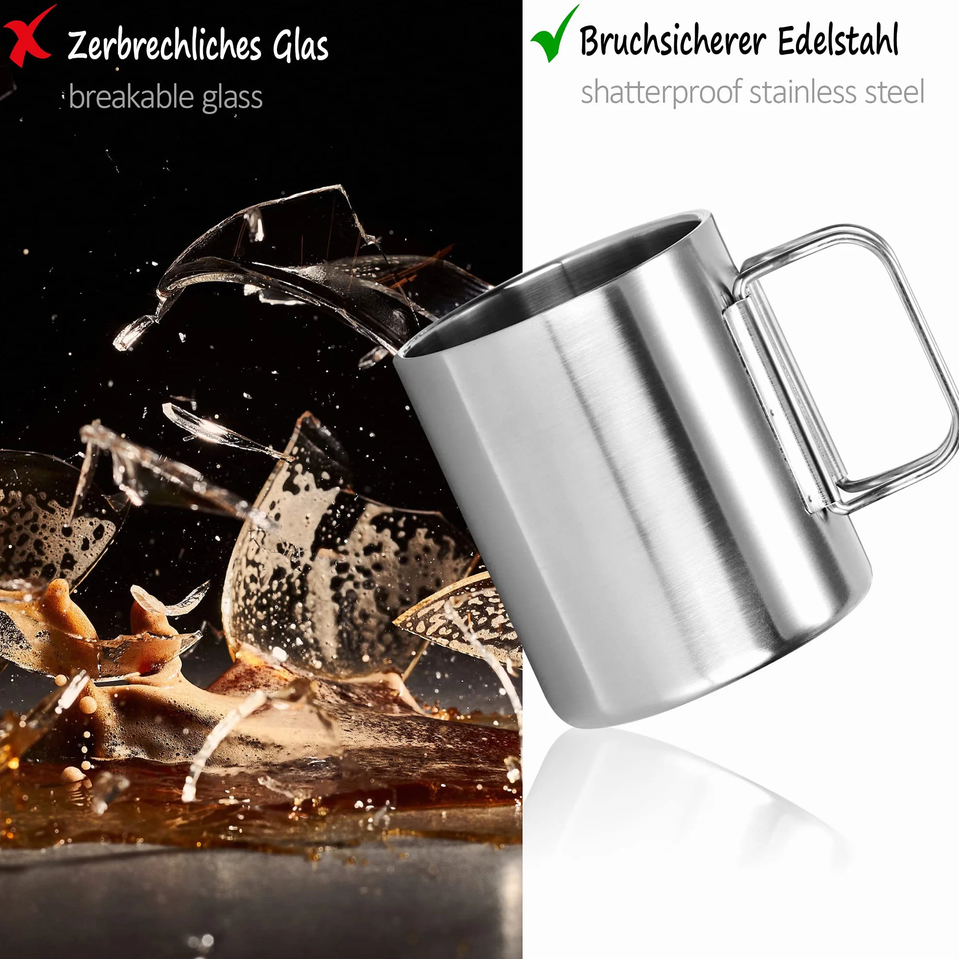 com-four® kubek termiczny stal nierdzewna 350 ml składany uchwyt podwójna ścianka izolacyjna bez BPA srebrny
