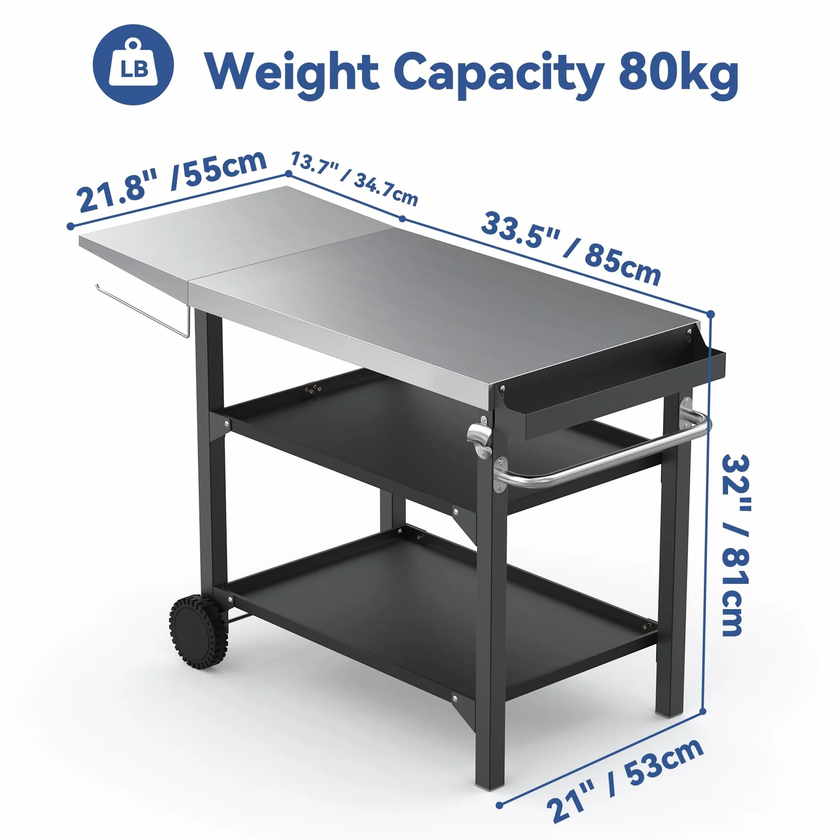 Onlyfire Wózek do Grilla 120 × 53 × 81 cm, Stół do Grillowania z Dużą Powierzchnią Roboczą, Kółkami i Stolikiem Bocznym, 3-poziomowy Wózek do Serwowania, Wózek do Grillowania na Zewnątrz