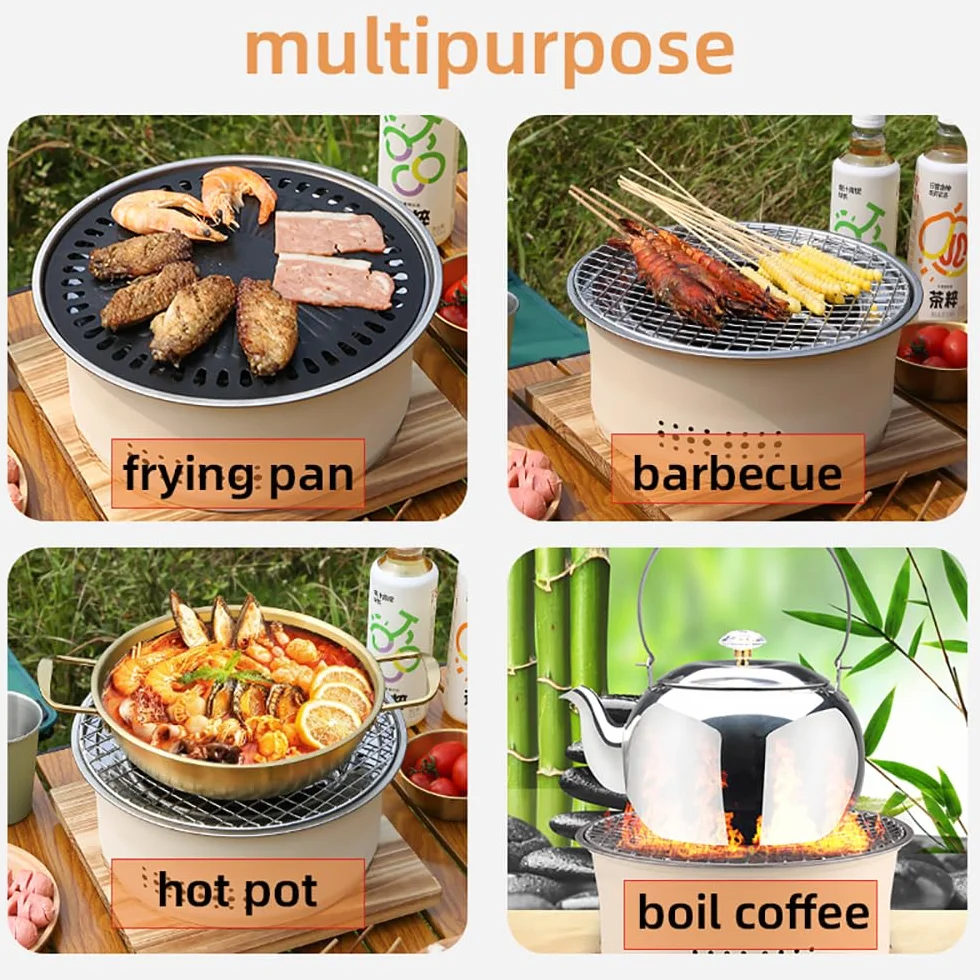 SANQIAHOME Przenośny grill na węgiel ze stali nierdzewnej, 25 cm, antypoślizgowy, okrągły, grill lub gorący garnek, wrząca woda, piec na węgiel drzewny do domu, na imprezę na świeżym powietrzu,