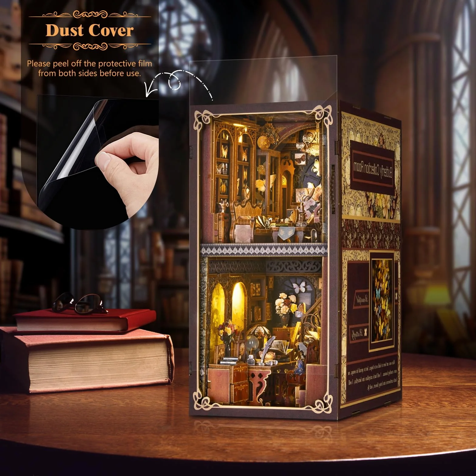 Book Nook DIY Kit - Drewniany model z oświetleniem LED i ochroną przeciwpyłową, kreatywna dekoracja półek, miniaturowy kącik książki dla dorosłych