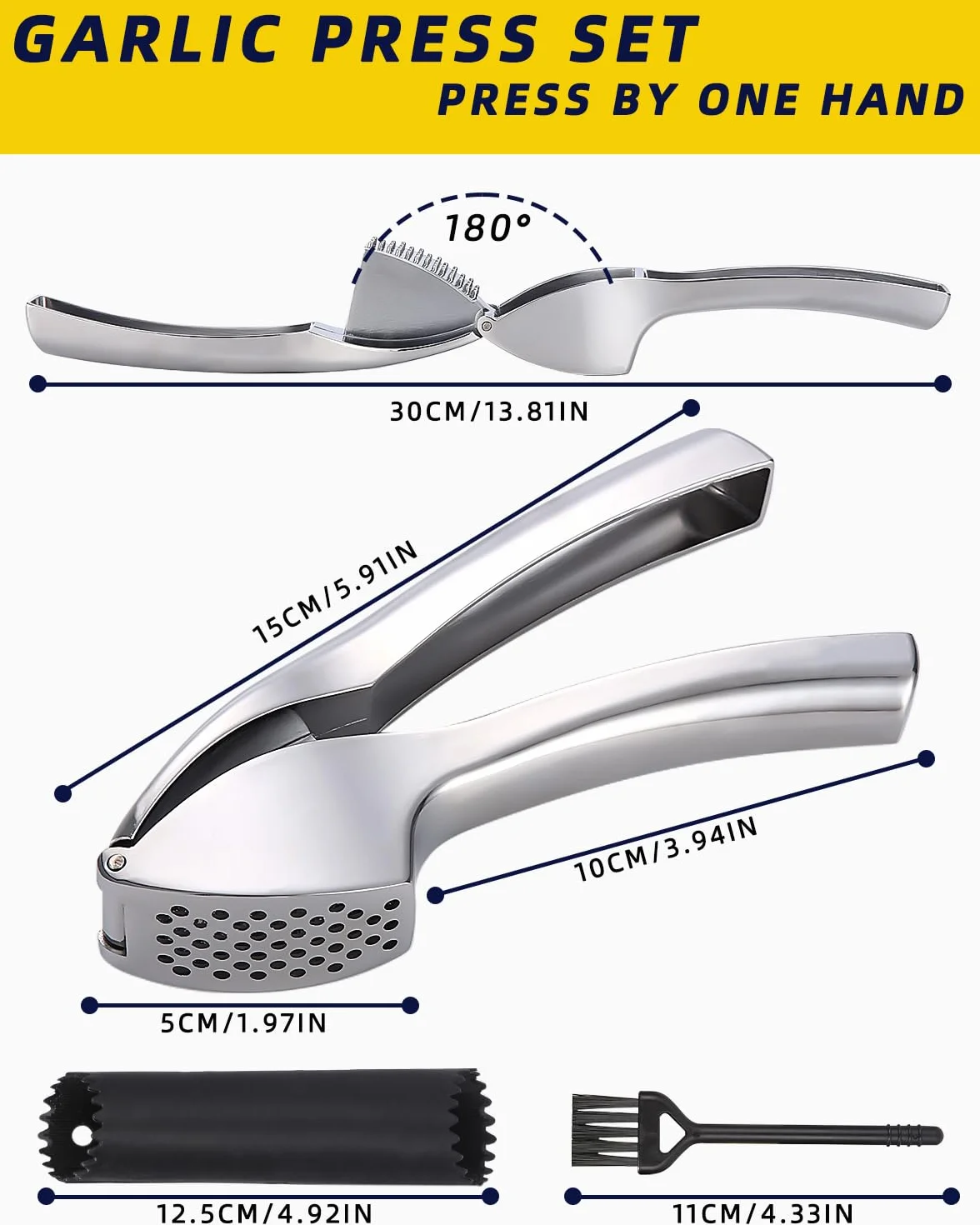Prasa do czosnku, krajalnica do czosnku z obieraczką do czosnku i szczotką do czyszczenia, poręczna i łatwa do czyszczenia, rozdrabniacz do czosnku Kitchen Aid, stylowy stop cynku (srebrny)