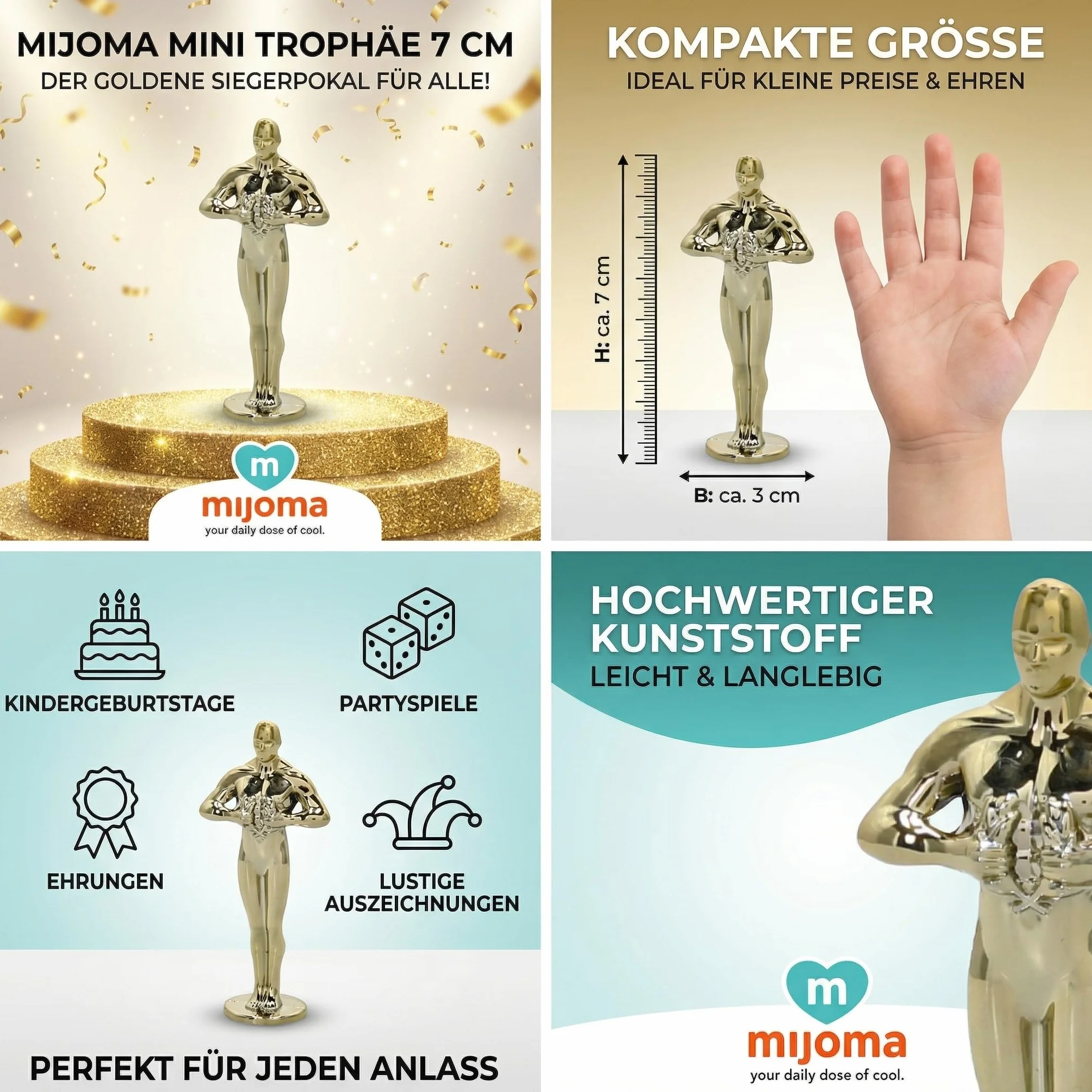 MIJOMA Mini trofeum 7 cm – złoty puchar zwycięzców z tworzywa sztucznego – idealne na urodziny dziecka, gry imprezowe, wyróżnienia i zabawne nagrody
