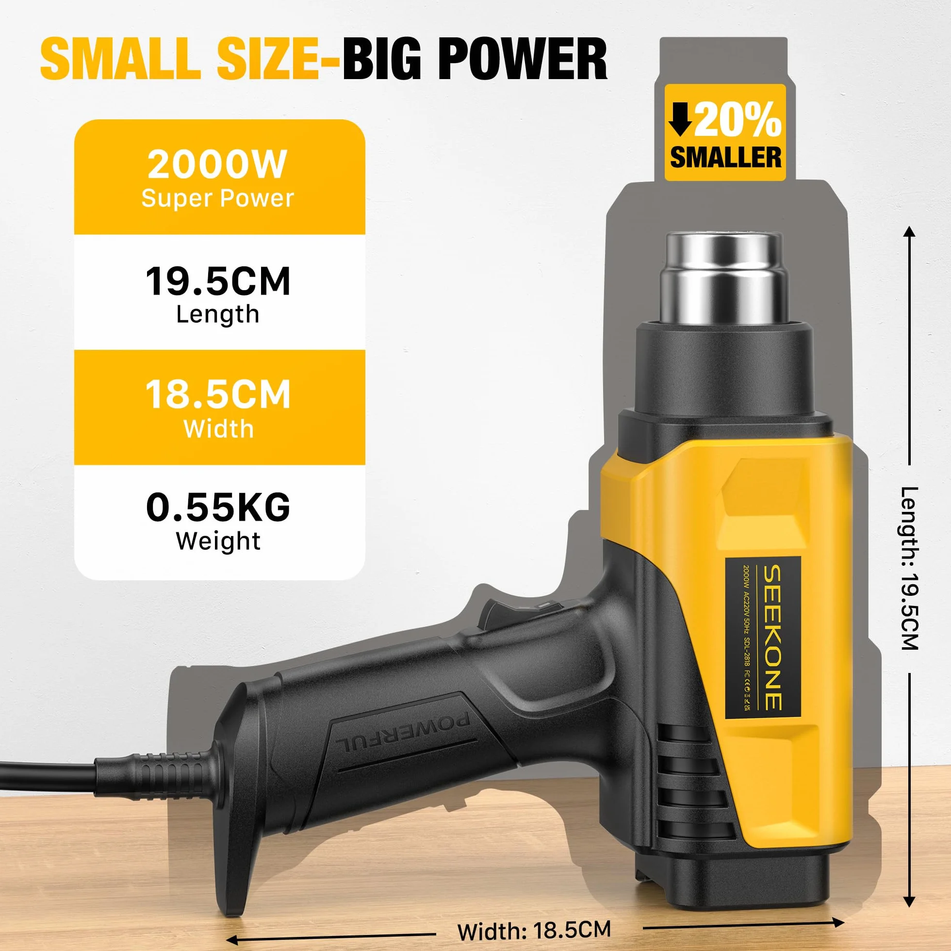 SEEKONE Pistolet na gorące powietrze 2000 W z cyfrowym wyświetlaczem LCD, regulacja temperatury i przepływu powietrza od 50°C do 650°C, z zabezpieczeniem przed przeciążeniem, idealny do majsterkowania