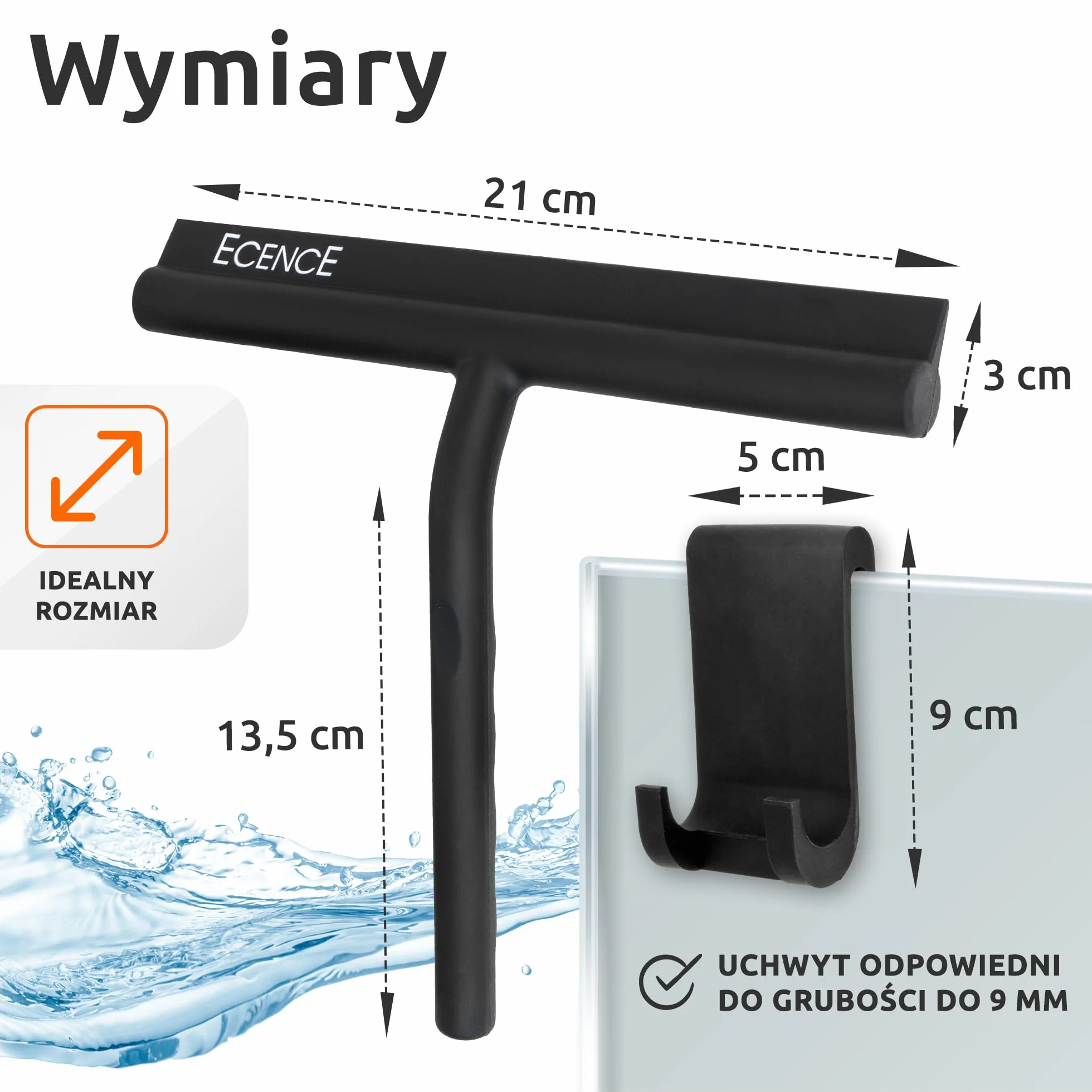 ECENCE Silikonowa ściągaczka do kabiny prysznicowej, ściągaczka do kabiny prysznicowej, z uchwytem i ściereczką z mikrofibry, czarna, 21cm