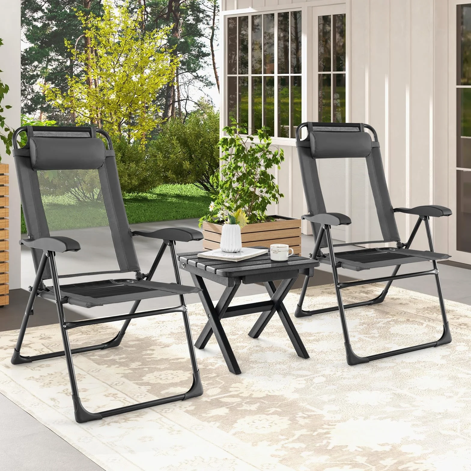 COSTWAY Zestaw 2 ogrodowych krzeseł z zagłówkiem, 7-stopniowa regulacja oparcia, składane krzeseł balkonowe, wysokie oparcie, oddychające, outdoorowe do ogrodu, na taras