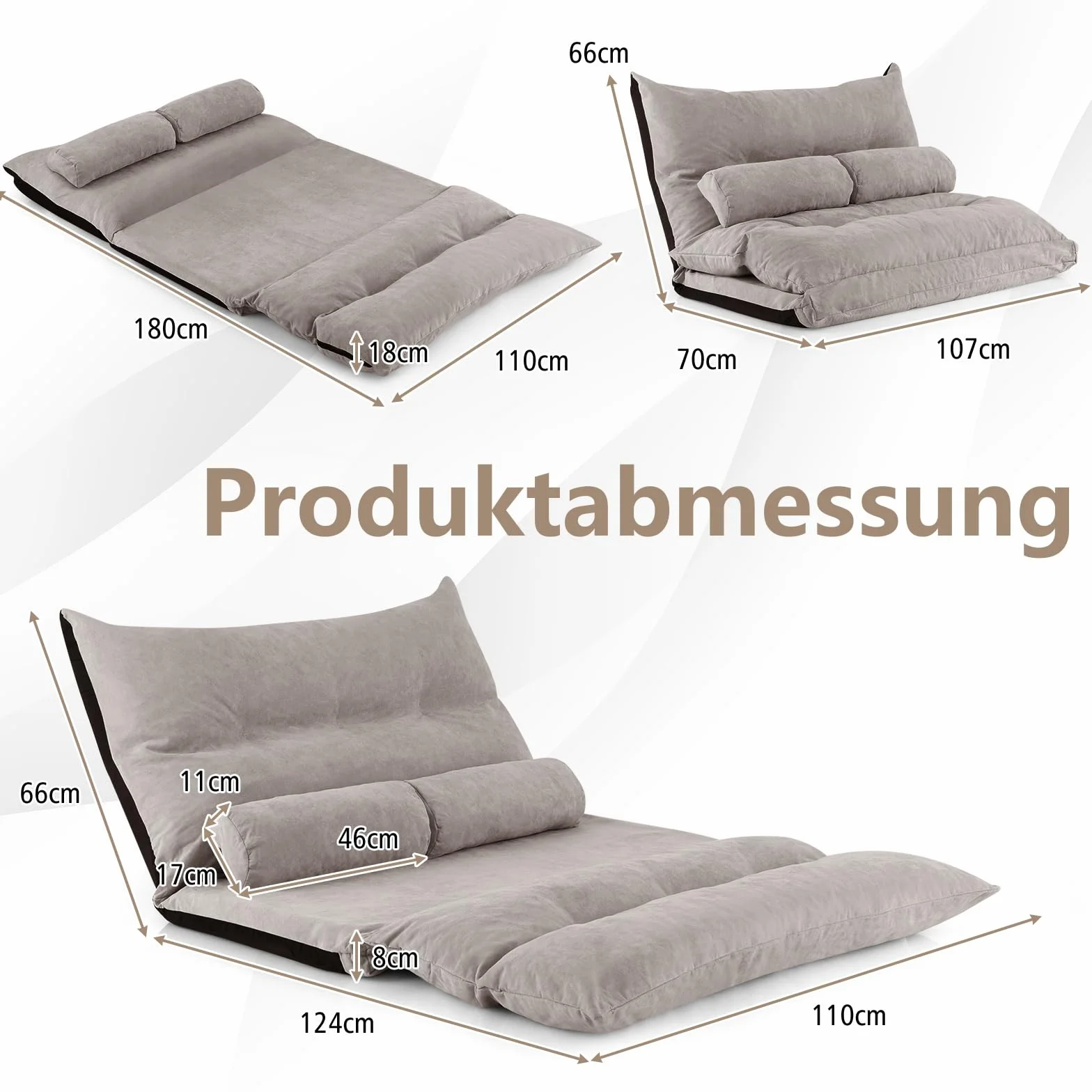 COSTWAY Składana sofa podłogowa 3 w 1 z funkcją spania i regulowanym oparciem, sofa z 2 poduszkami lędźwiowymi, składana sofa, fotel do spania do salonu i sypialni, kolor szary, TG32341SDDE