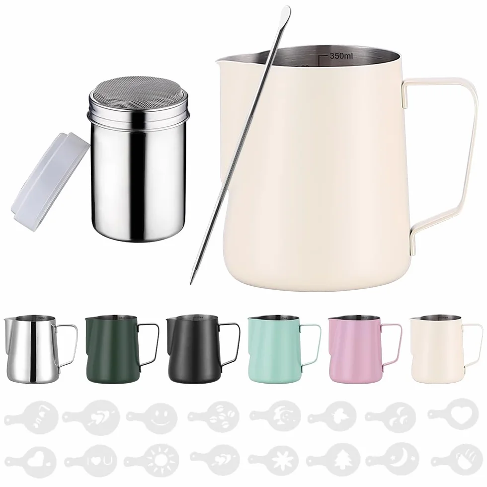 Dzbanek na mleko ze stali nierdzewnej 350 ml Barista Mark do spieniania mleka z akcesoriami do latte art