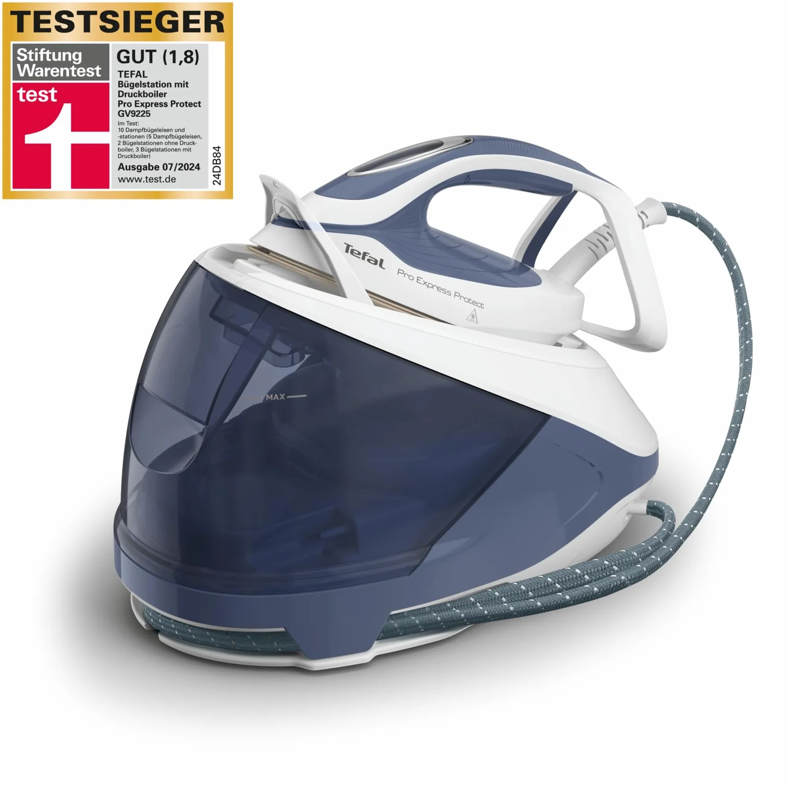 Tefal GV9225 Pro Express Protect stacja parowa, ciśnienie pary 7,6 bar, zmienna ilość pary: 140 g/min, uderzenie pary: 550 g/min, kolektor zapobiegający osadzaniu się kamienia, pionowa funkcja pary