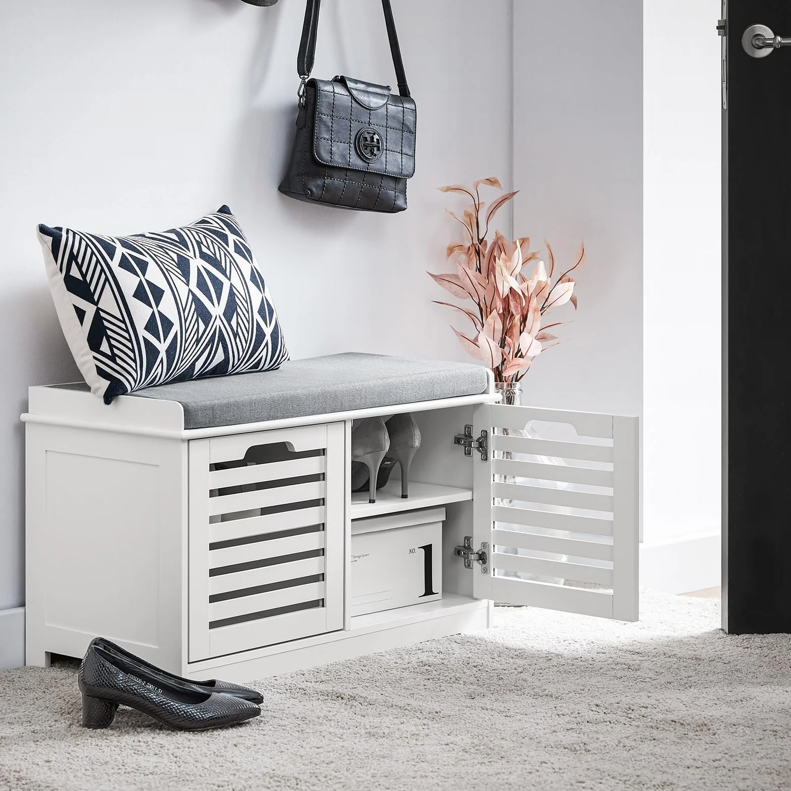 SoBuy FSR23-II-W Szafka na Buty z Siedziskiem, Ławka do Garderoby i Przechowywania, Wąska Biała, Szer. x Wys. x Gł.: ok. 71 x 43 x 35 cm