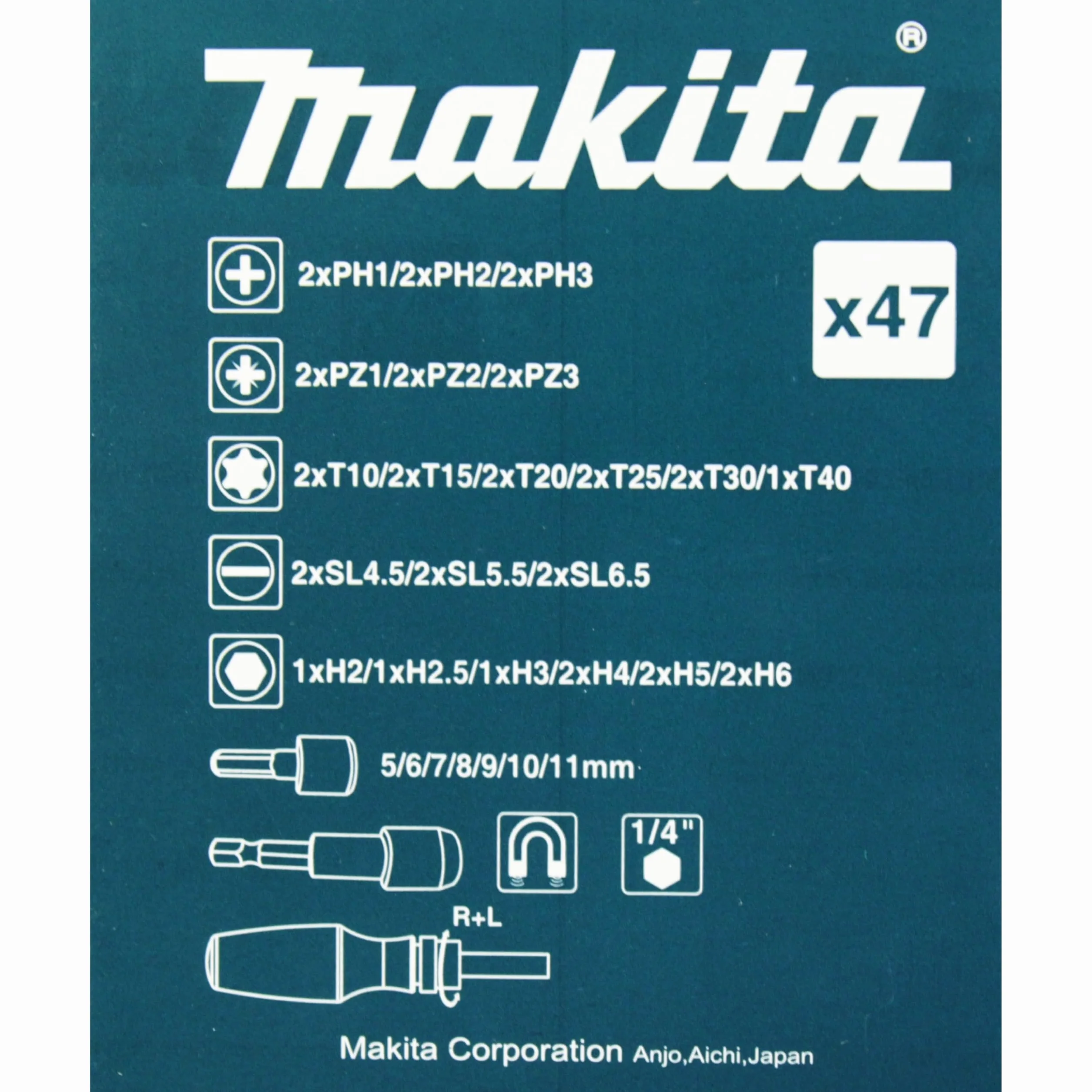Makita Grzechotka i zestaw Bitów 47-Częściowy, B-36170, Wielokolorowy