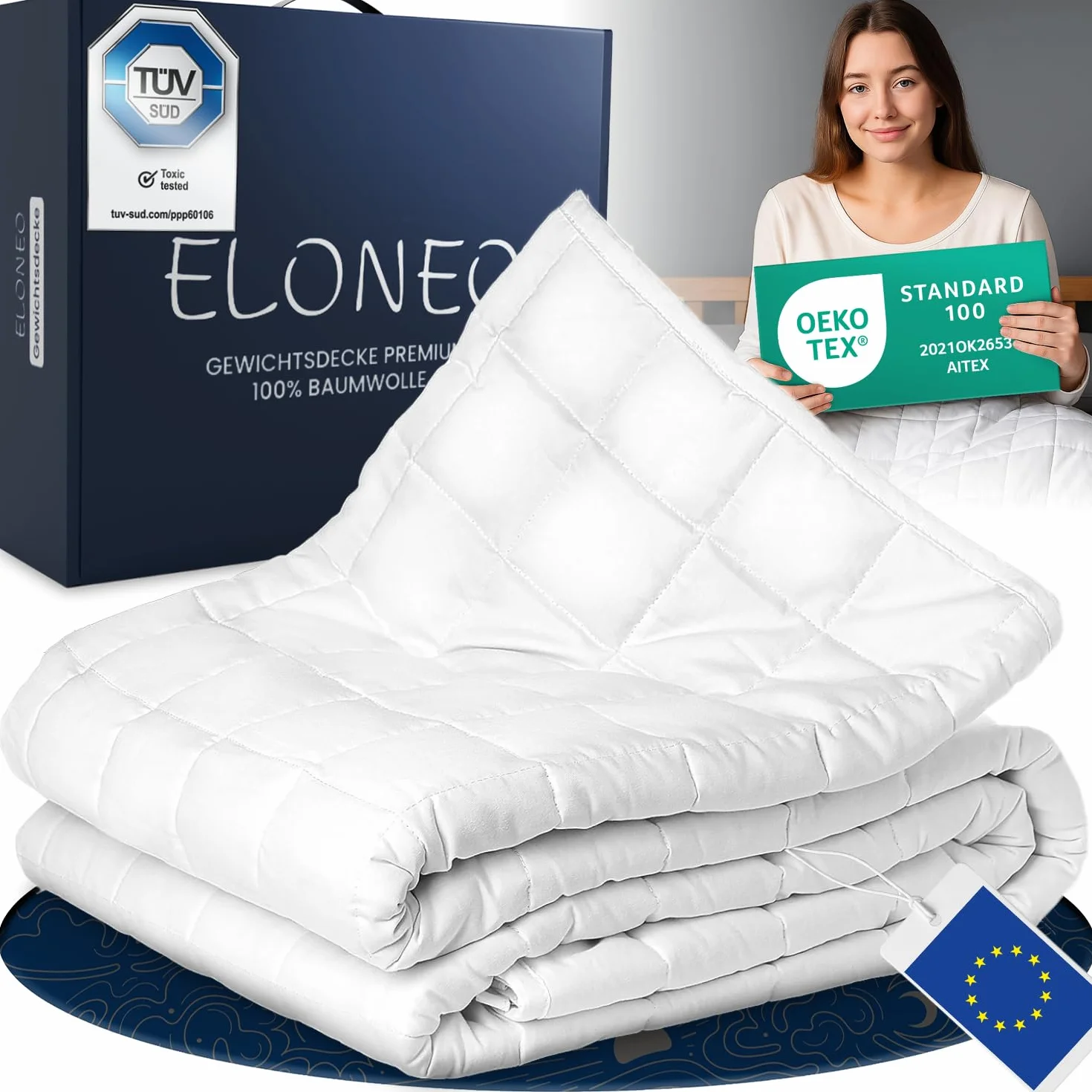 ELONEO koc obciążeniowy 200x200 cm o wadze 11 kg, z certyfikatami TÜV i Oeko-Tex, weighted blanket z 100% bawełny, koc relaksacyjny i terapeutyczny przeciw stresowi, ciężki koc do spania