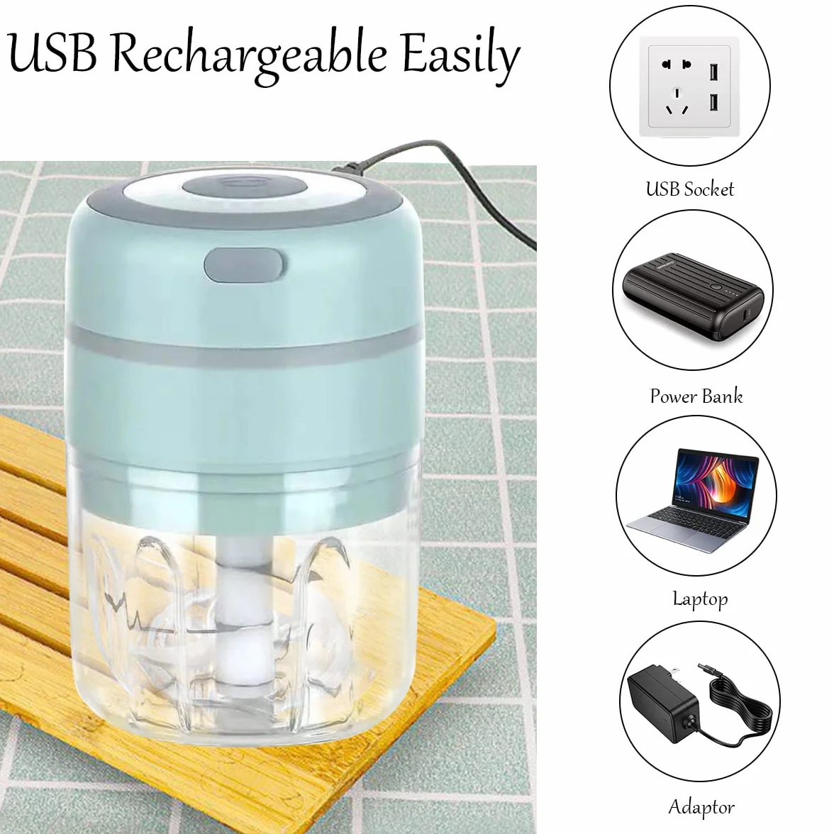 Mini elektryczna krajalnica do cebuli, uniwersalna szatkownica z 2 filiżankami – 250 ml i 100 ml, elektryczna szatkownica do czosnku, do mięsa, chili, owoców – ładowanie przez USB