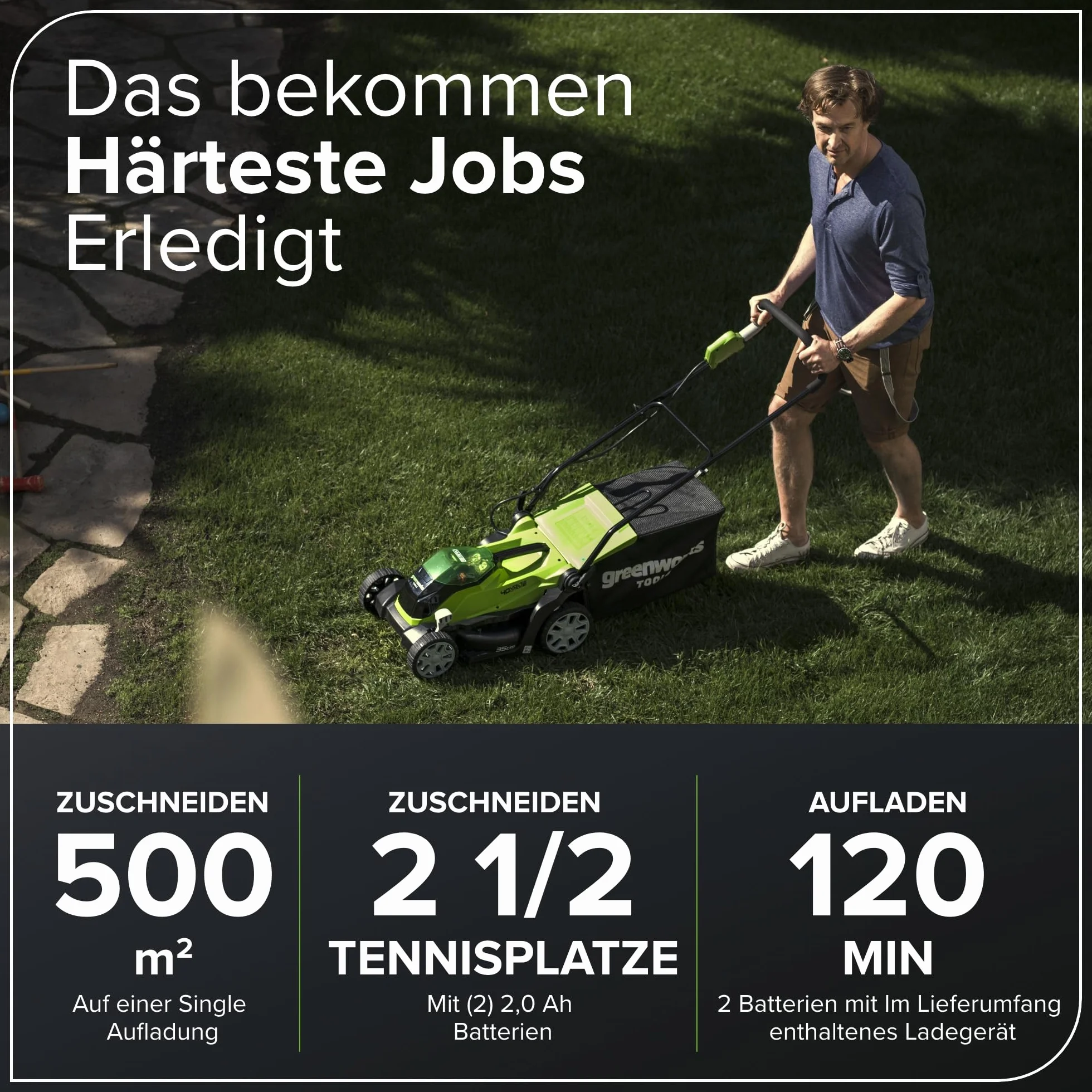 Greenworks G40LM35K2X Kosiarka Akumulatorowa do Trawników do 400m², Szerokość Koszenia 35cm, Torba 40L PLUS Dwie Baterie 40V 2Ah i Jedna Ładowarka