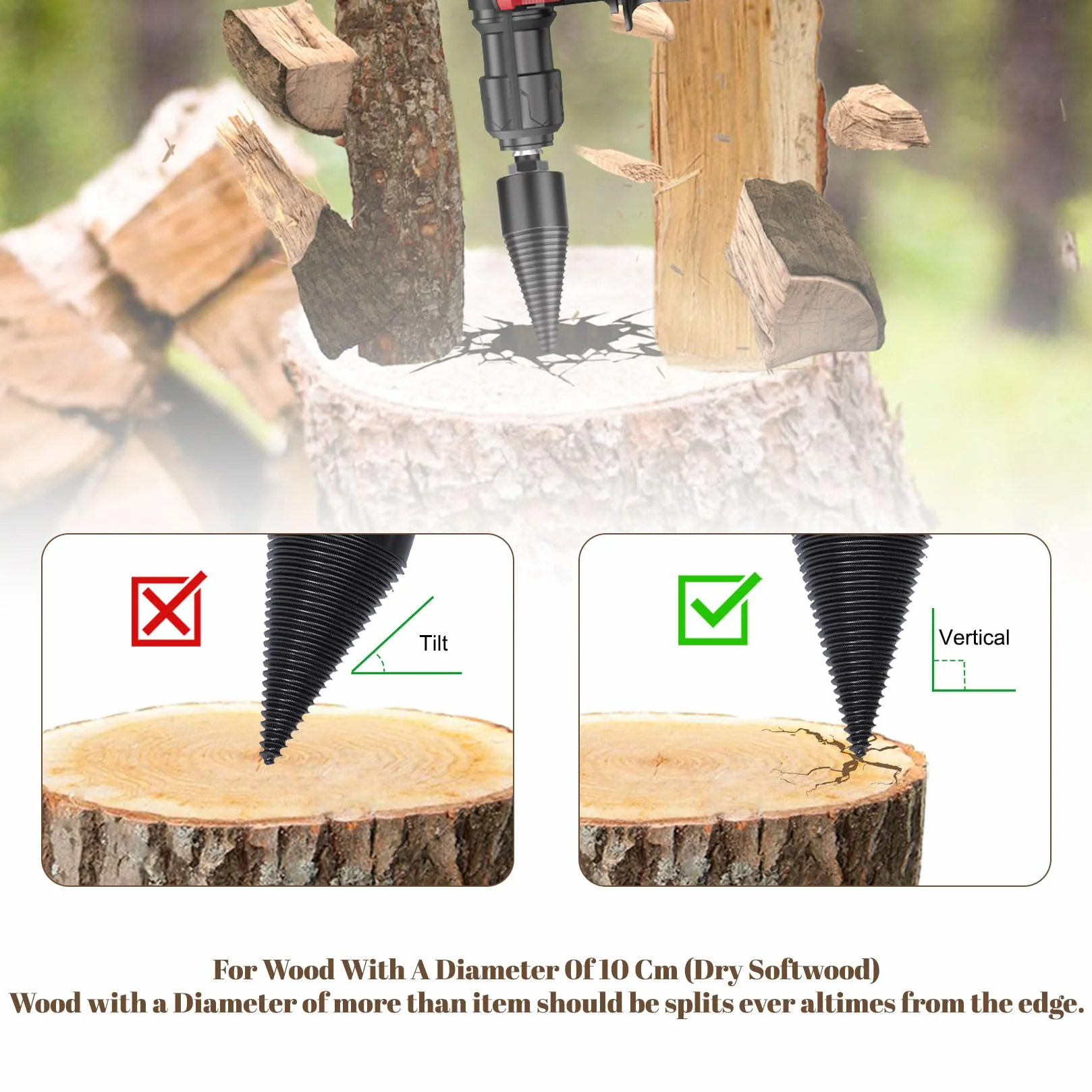 Herbst Zestaw 2 śrub do łupania drewna, 4 uchwyty wiertnicze 42 mm + 32 mm, stożek wiertniczy do łupania drewna, stożek do rozłupywania drewna, łuparka stożkowa do drewna
