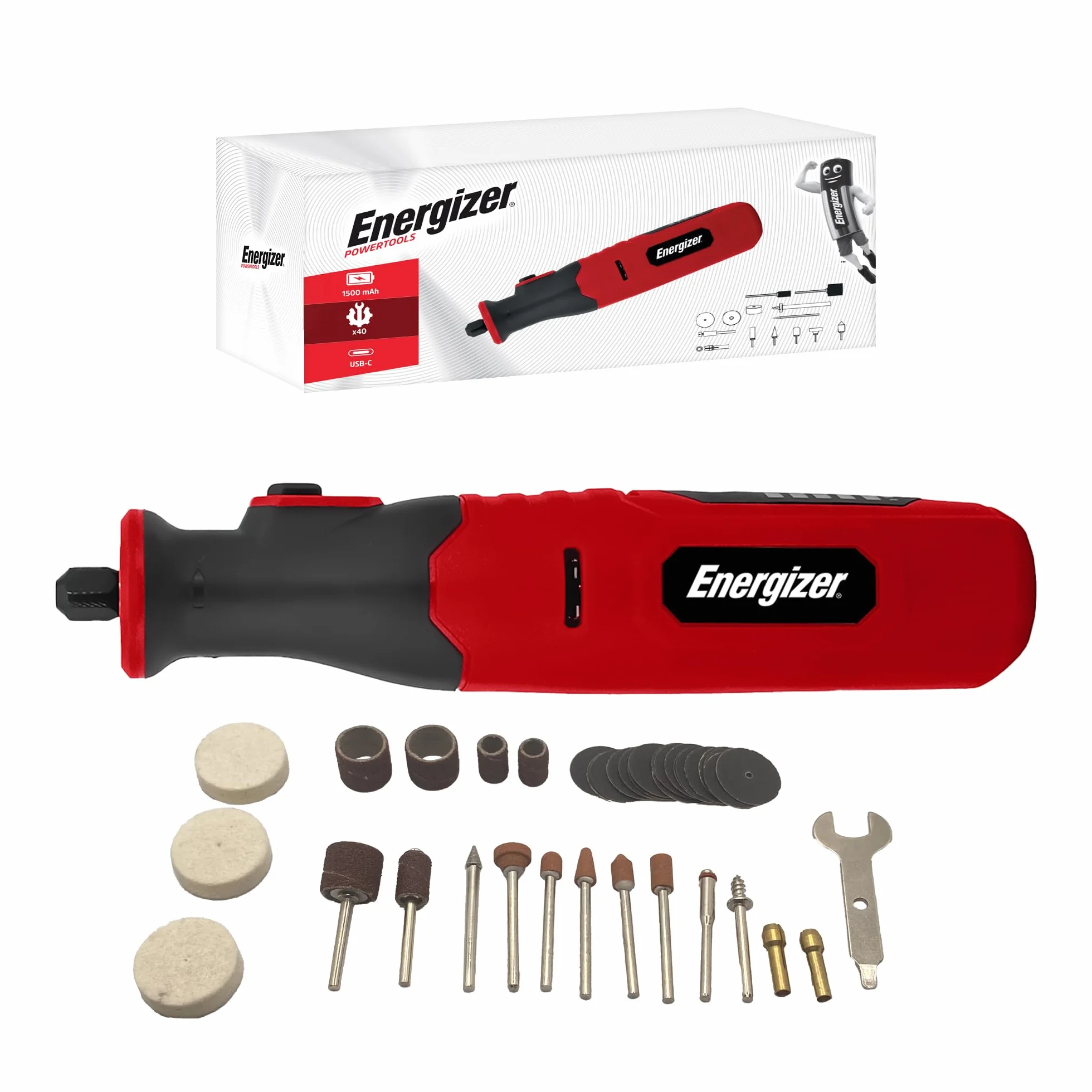 Energizer Bezprzewodowa szlifierka precyzyjna - bateria USB-C 1500 mAh - 5 prędkości (5000-25000 obr./min) - 40 akcesoriów - grawerowanie, szlifowanie, cięcie, polerowanie - kompaktowe i lekkie