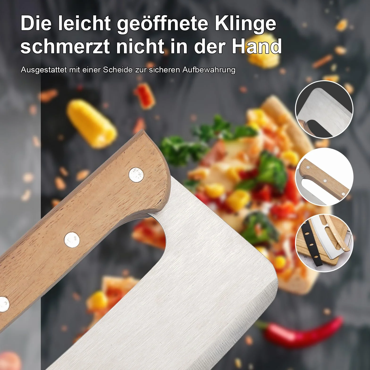 Nóż do pizzy ze stali nierdzewnej 32 cm, duży nóż kołyskowy z drewnianą rączką