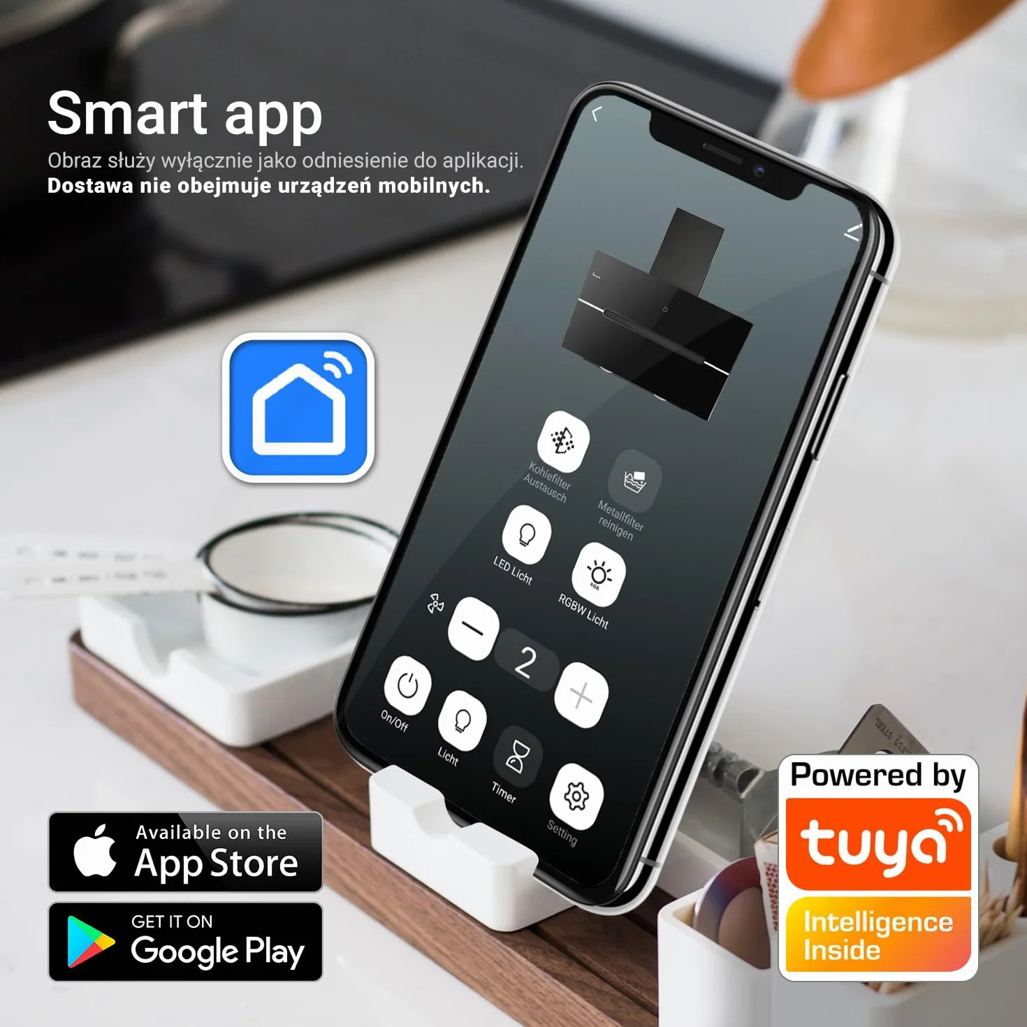 KKT KOLBE Okap kuchenny 80 cm/bezgłowa okap ścienny/stal nierdzewna/czarne szkło/Wi-Fi/automatyczne wybiegi / oświetlenie LED RGBW / obsługa SensorTouch/ECCO809SHCM