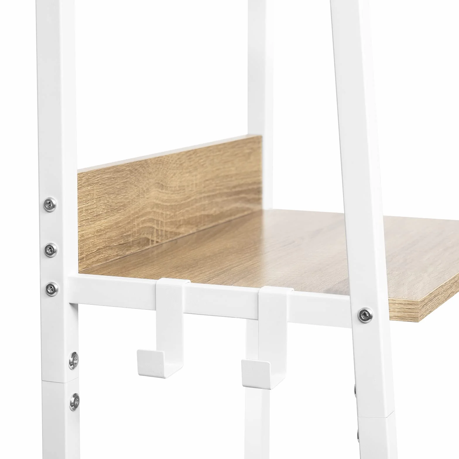 WOLTU Regał przemysłowy z 5 półkami, z 4 haczykami, MDF i metalowy regał drabinkowy, do salonu, kuchni, gabinetu, biura, biała rama, 40 x 36 x 170 cm, RGB9289whe