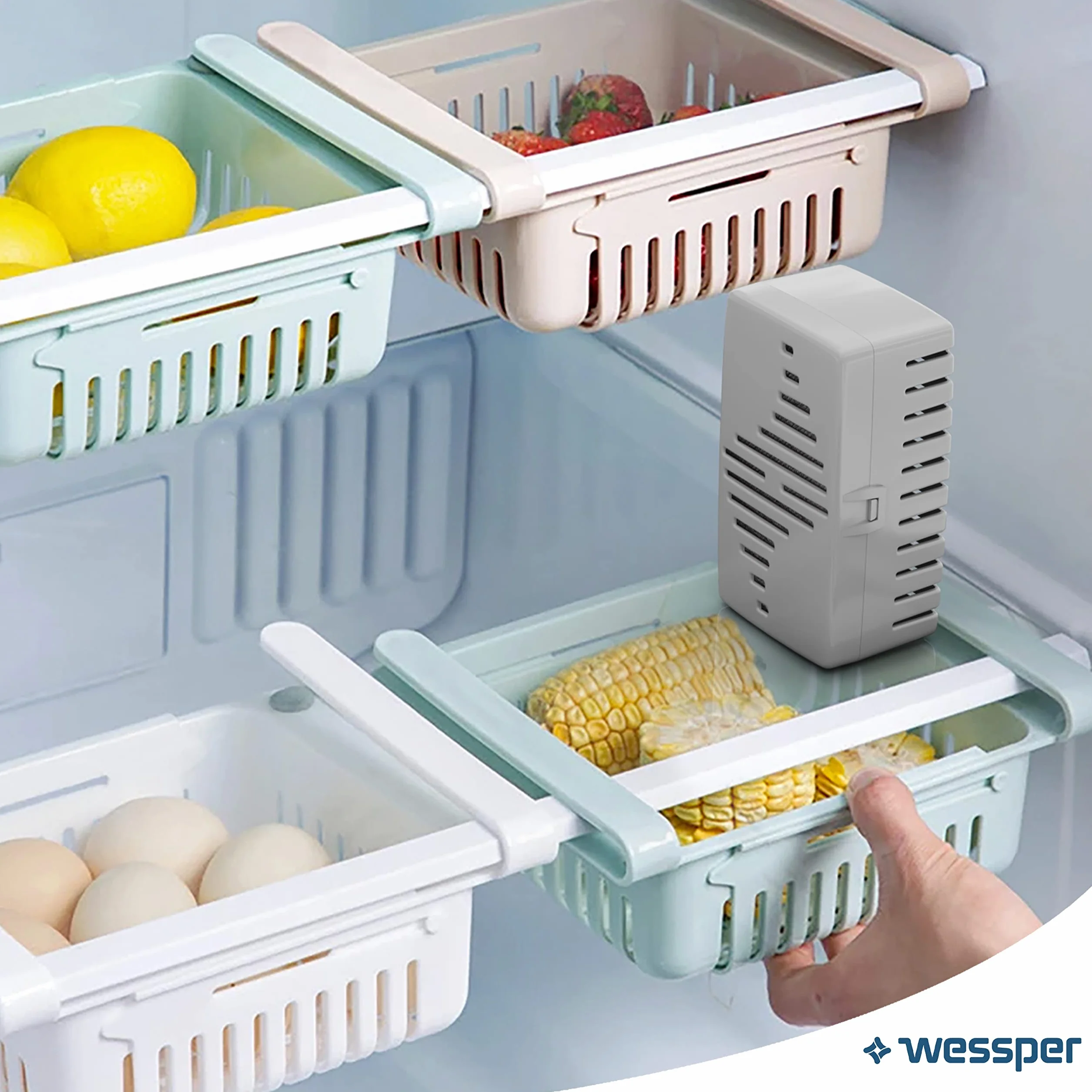 Wessper Fresh Fridge pochłaniacz zapachów do lodówki z wymiennym wkładem, neutralizuje niepożądane zapachy, z węglem aktywnym, bardzo wydajny, 6 miesięcy użytkowania, 2 opakowania uzupełniające
