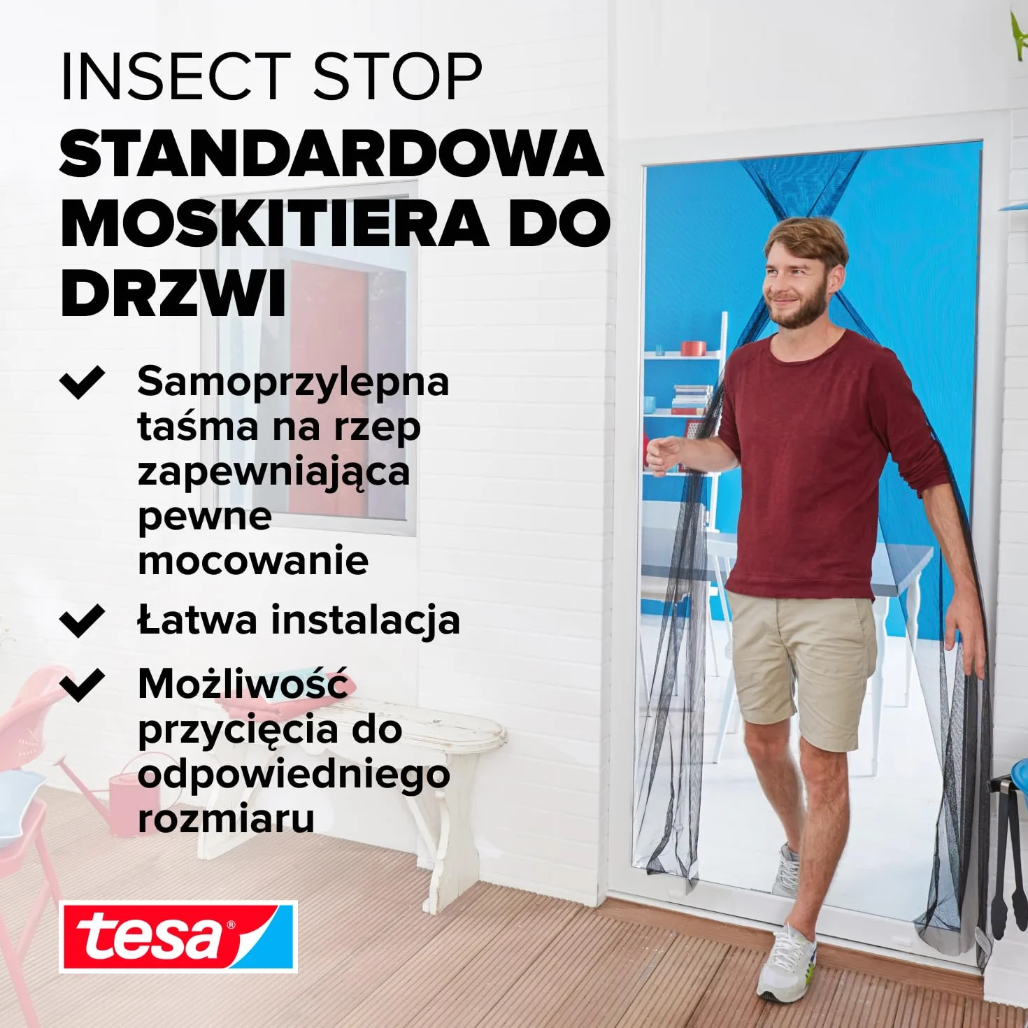 tesa INSECT STOP H&L Fly Screen for Doors - siatka na drzwi z taśmą rzepową, przycinana na wymiar, bez wiercenia - 2 x 65 x 220 cm - biały