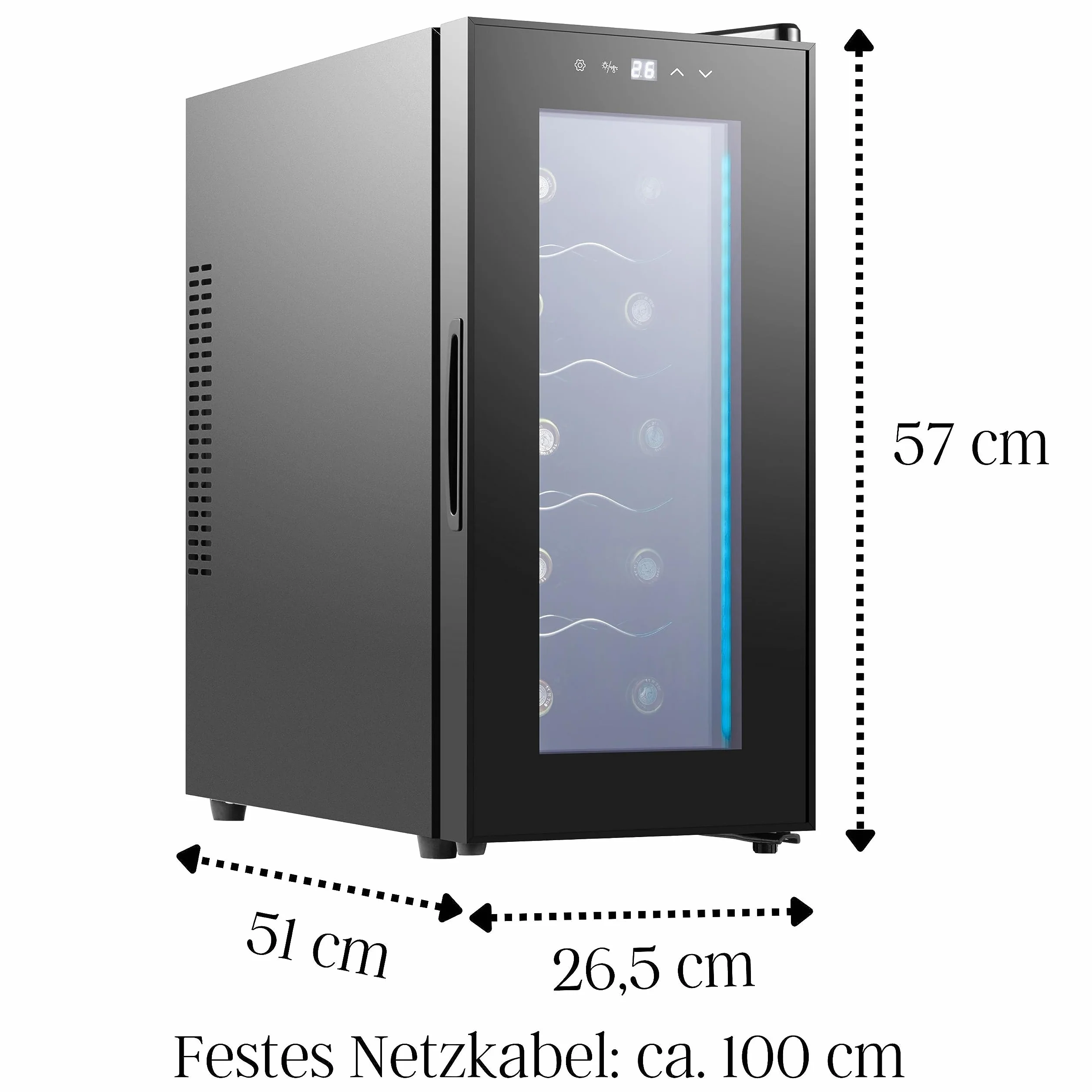 Echos Lodówka na wino, na 10 butelek, 28 l, oświetlenie LED, chłodziarka do wina, mini lodówka na wino, mini bar ze szklanymi drzwiczkami