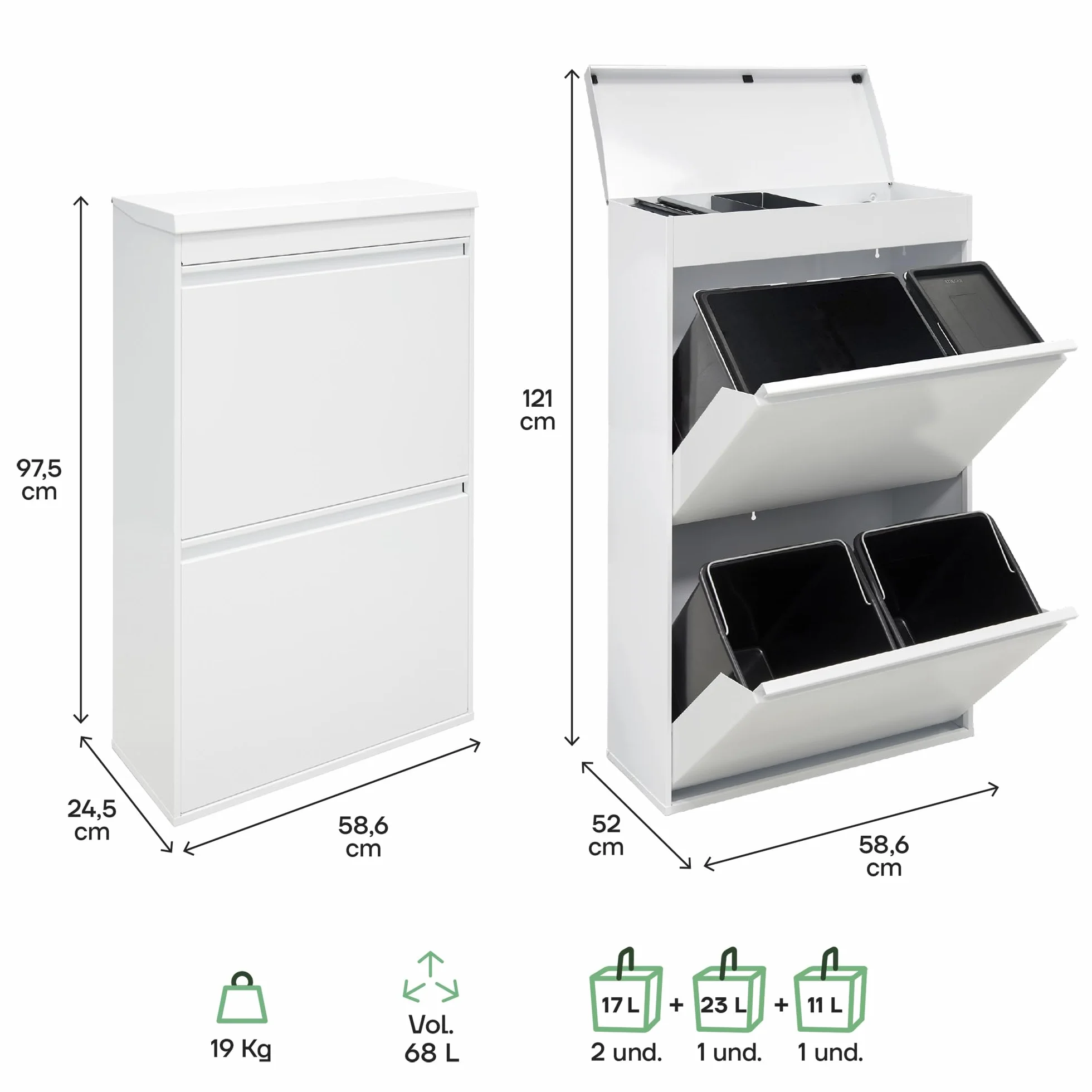 ARREGUI Top CR621-B2 stalowy system segregacji odpadów z pudełkiem do przechowywania z pokrywką, 4 przegródki, kosz na śmieci do kuchni, 23 + 11 + 17 + 17 l (68 l), 1 bardzo duże wiadro, 4-komorowy
