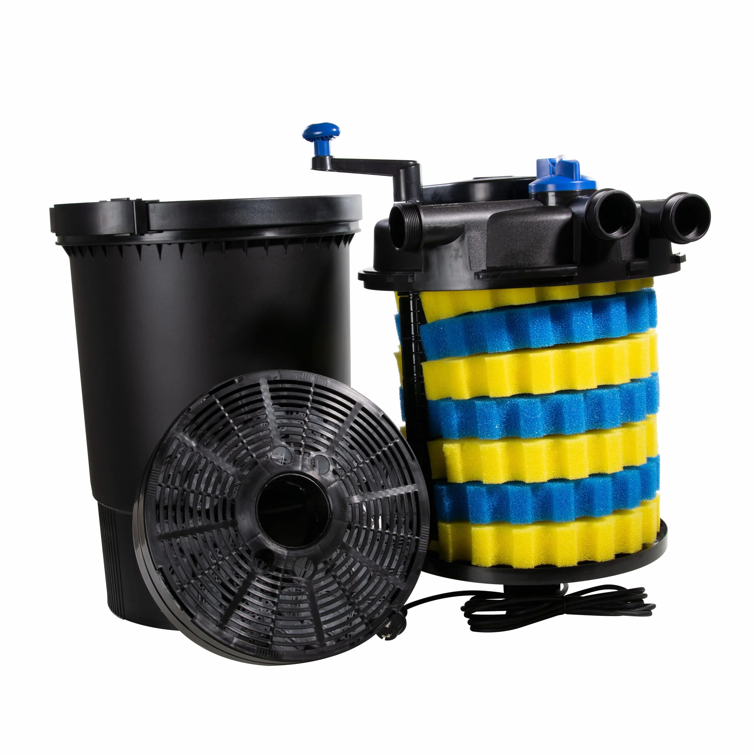 AquaForte GPF-30000 (55 W) filtr ciśnieniowy, moc 55 W, napięcie 230 V, częstotliwość 50 Hz, wlot/wylot 32/38 mm, zalecana ilość przepływu 12 000 l/h, odpowiedni do stawów ozdobnych do 60 000 litrów