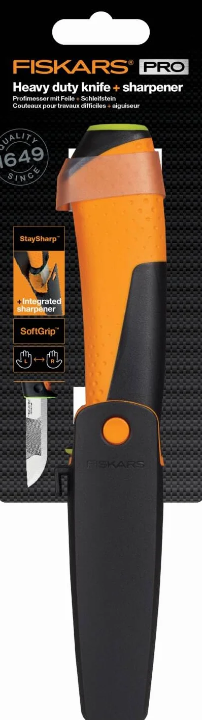 Fiskars Nóż profesjonalny wraz z kaburą z wbudowaną ostrzałką, Długość całkowita: 21,9 cm, Czarny/ pomarańczowy/ zielony, 1023619