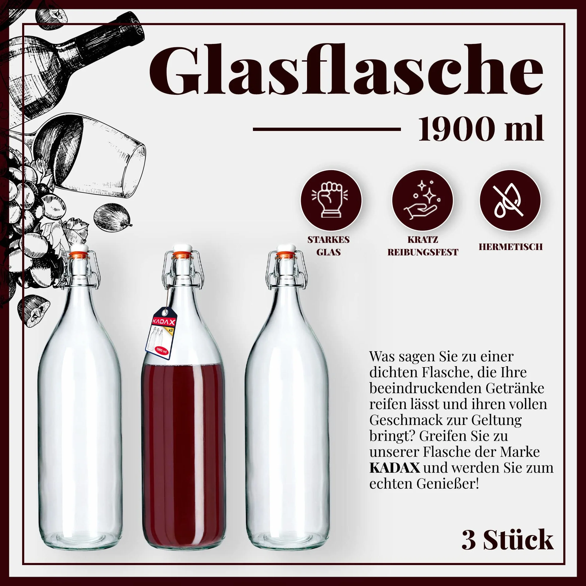 KADAX butelka szklana, butelka na likier owocowy, butelka vintage z sodowego szkła, przezroczysta butelka z zamknięciem kabłąkowym, butelka z zamknięciem kabłąkowym, butelka na likier kwekowy (1,9L, 3