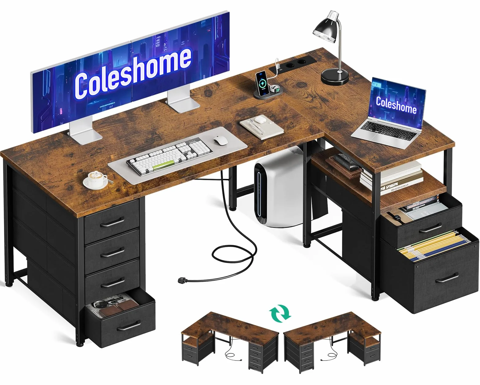 Coleshome Odwracalne Biurko Narożne z Szufladami z Tkaniny, 140x80cm Biurko w Kształcie L z Szufladą na Dokumenty, Biurko Komputerowe z Portem Ładowania USB i Gniazdkiem Elektrycznym (Brązowy)