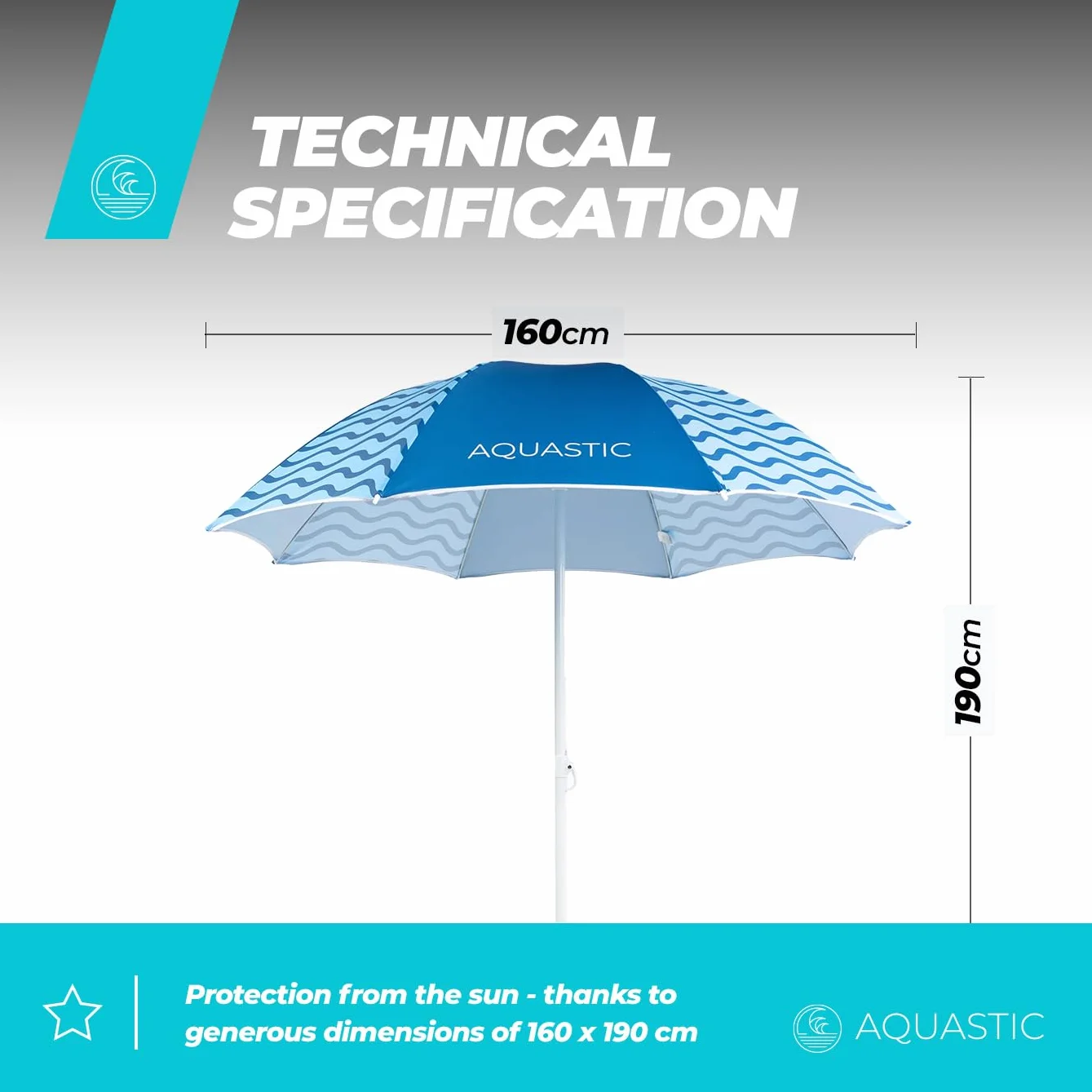 AQUASTIC OMBRELO Niebieski parasol plażowy, wiatroszczelny, stabilny parasol na plażę i do ogrodu, trwałe materiały, łatwy do złożenia i transportu, kompaktowy, 160 x 190 cm