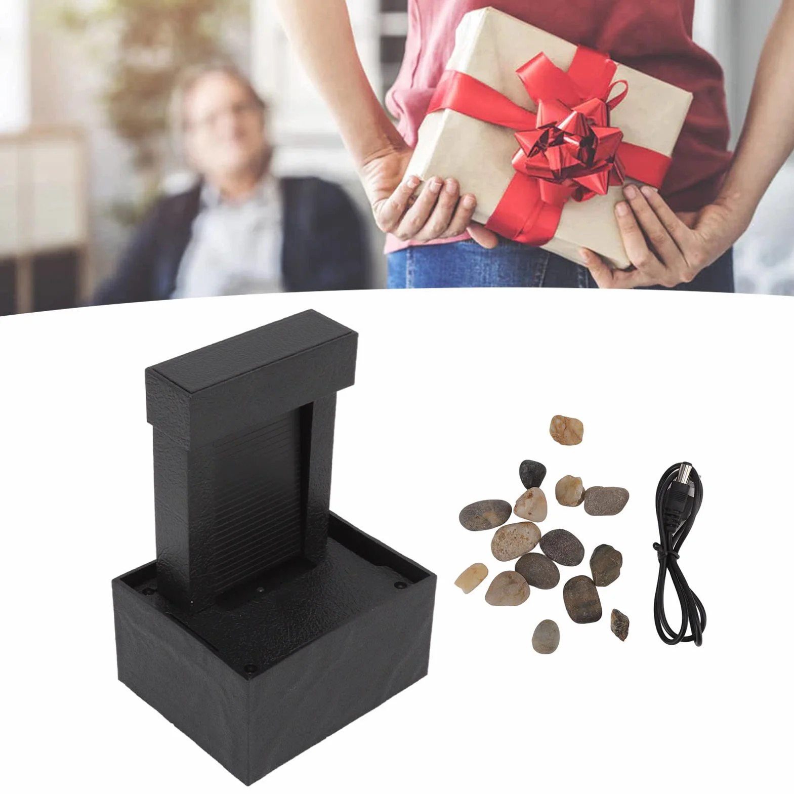 Focket Fontanna biurkowa, podświetlany przez USB LED wodospad, fontanna wodna z kamieniami, Zen relaks wewnątrz i na zewnątrz, mini wodospad do biura, sypialni, dekoracja domu