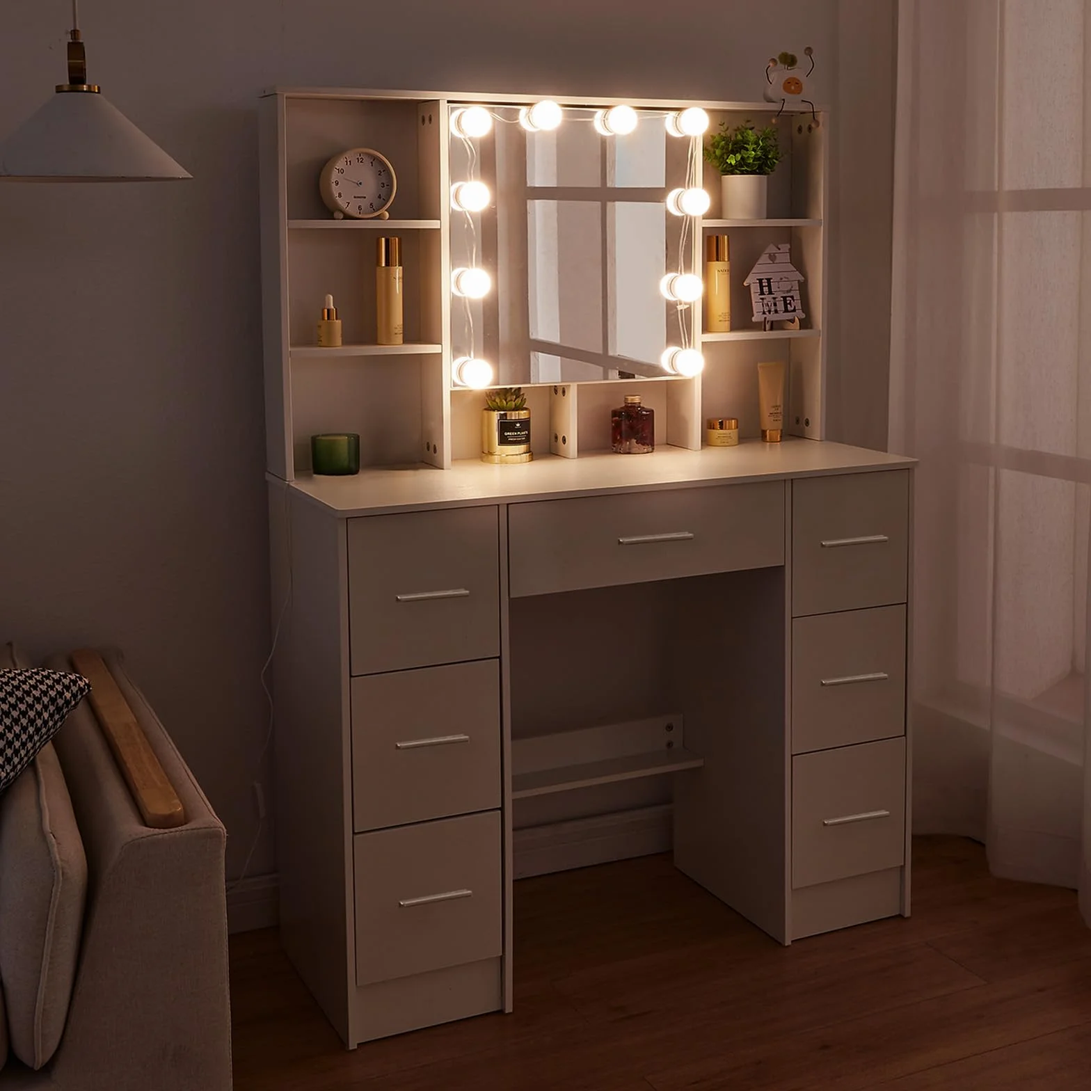 Toaletka z 1 taboretem, toaletka z lustrem i oświetleniem LED do makijażu, 3 temperatury barwowe i regulowana jasność, 7 szuflad, 40 x 100 x 140 cm